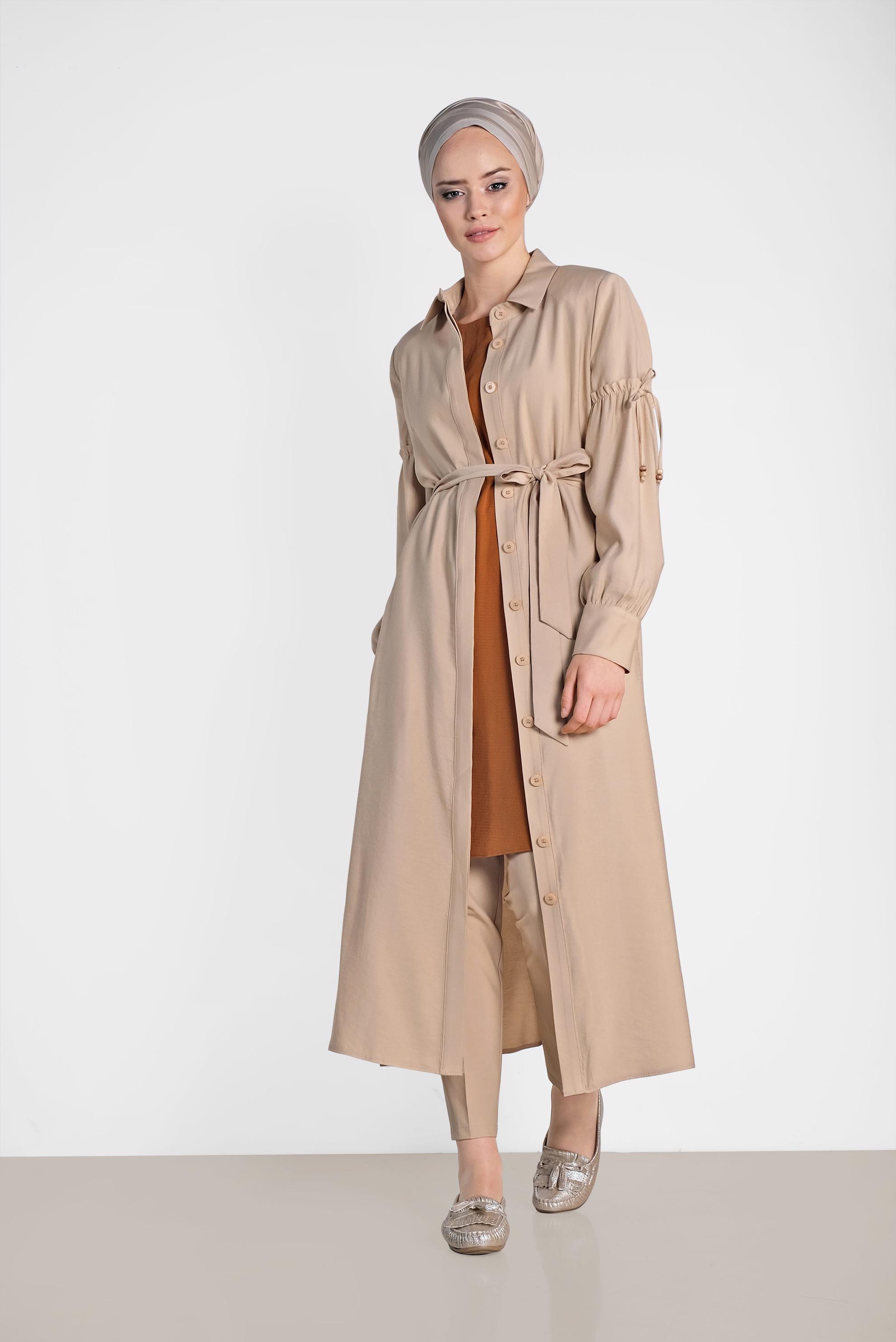 Tesettür giyim BEJ GÖMLEK YAKA TRENÇKOT 1426