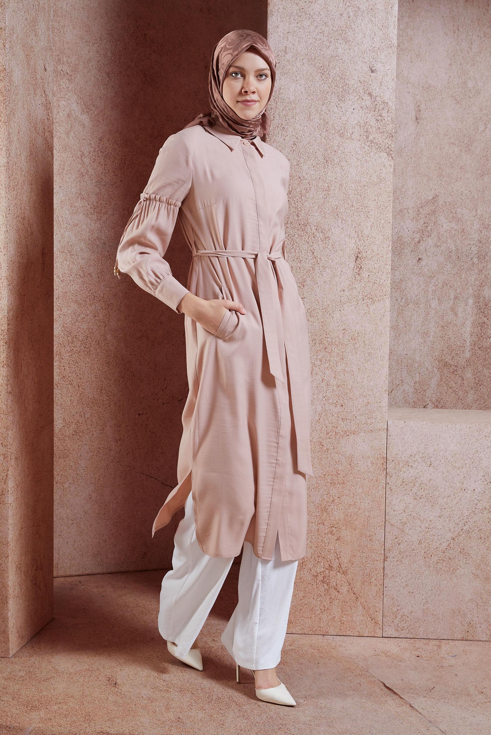 Tesettür giyim PUDRA GÖMLEK YAKA TRENÇKOT 1426