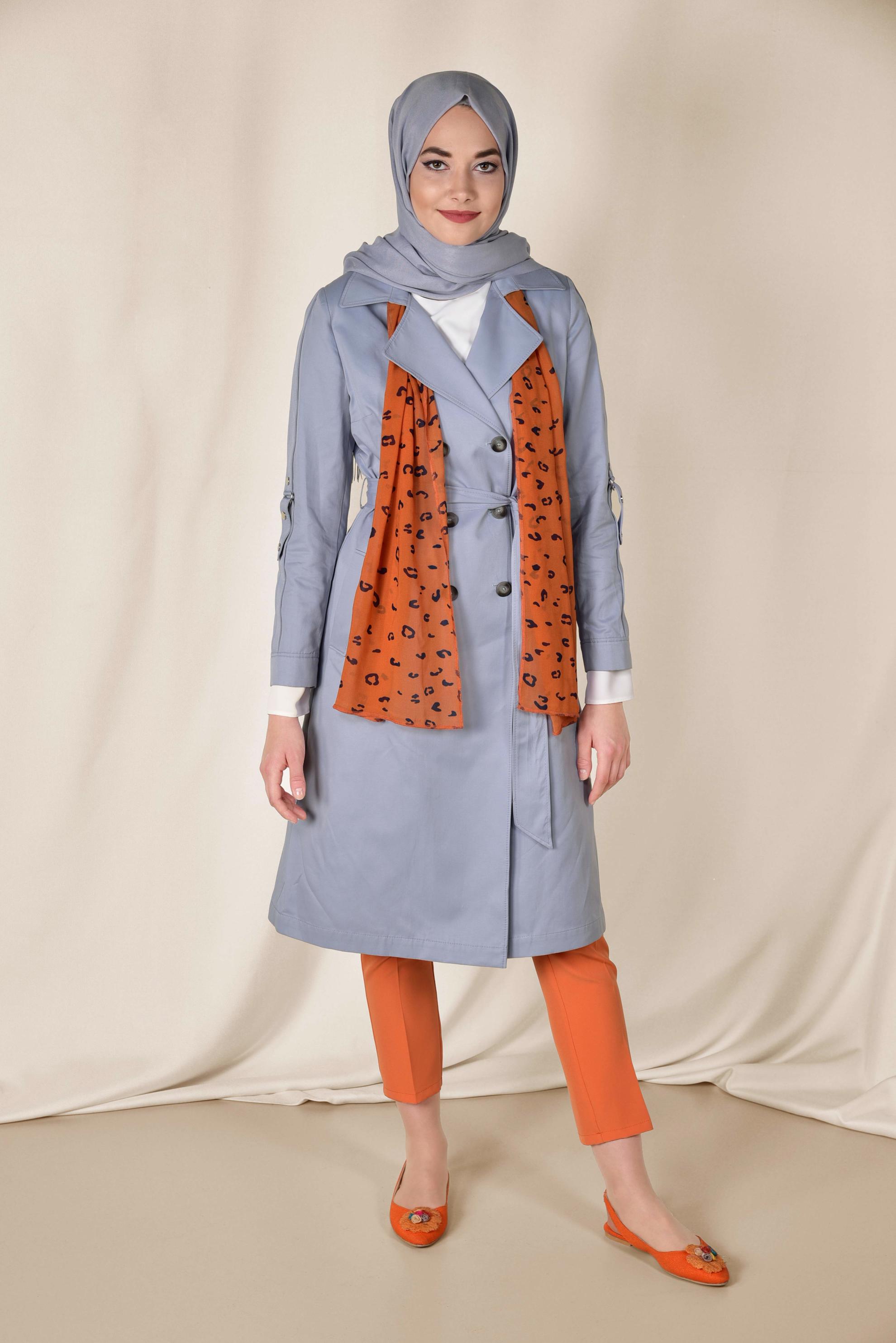 Tesettür giyim GRİ PAMUKLU KRUVAZE TRENÇKOT 1428