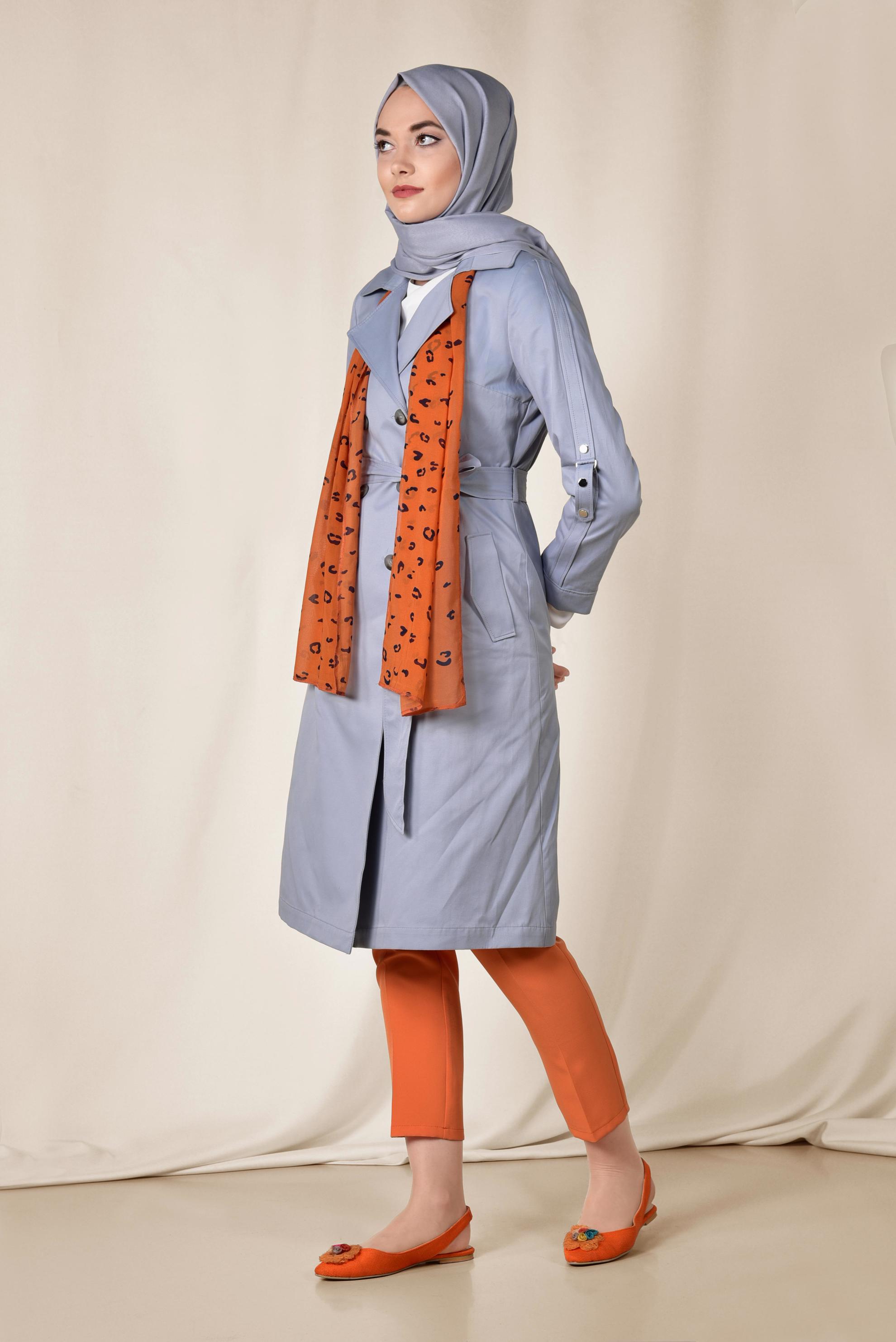 Tesettür giyim GRİ PAMUKLU KRUVAZE TRENÇKOT 1428