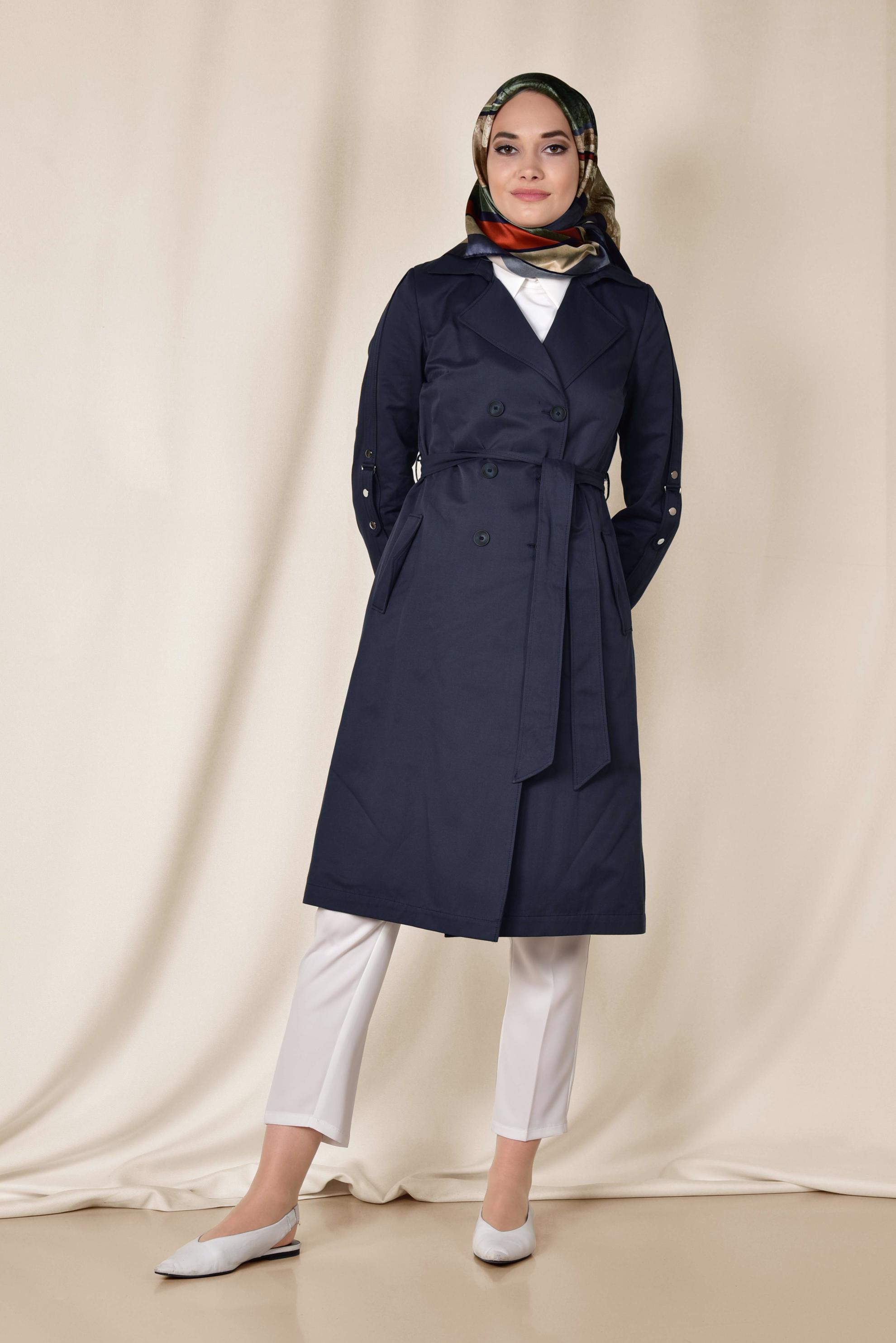 Tesettür giyim LACİVERT PAMUKLU KRUVAZE TRENÇKOT 1428