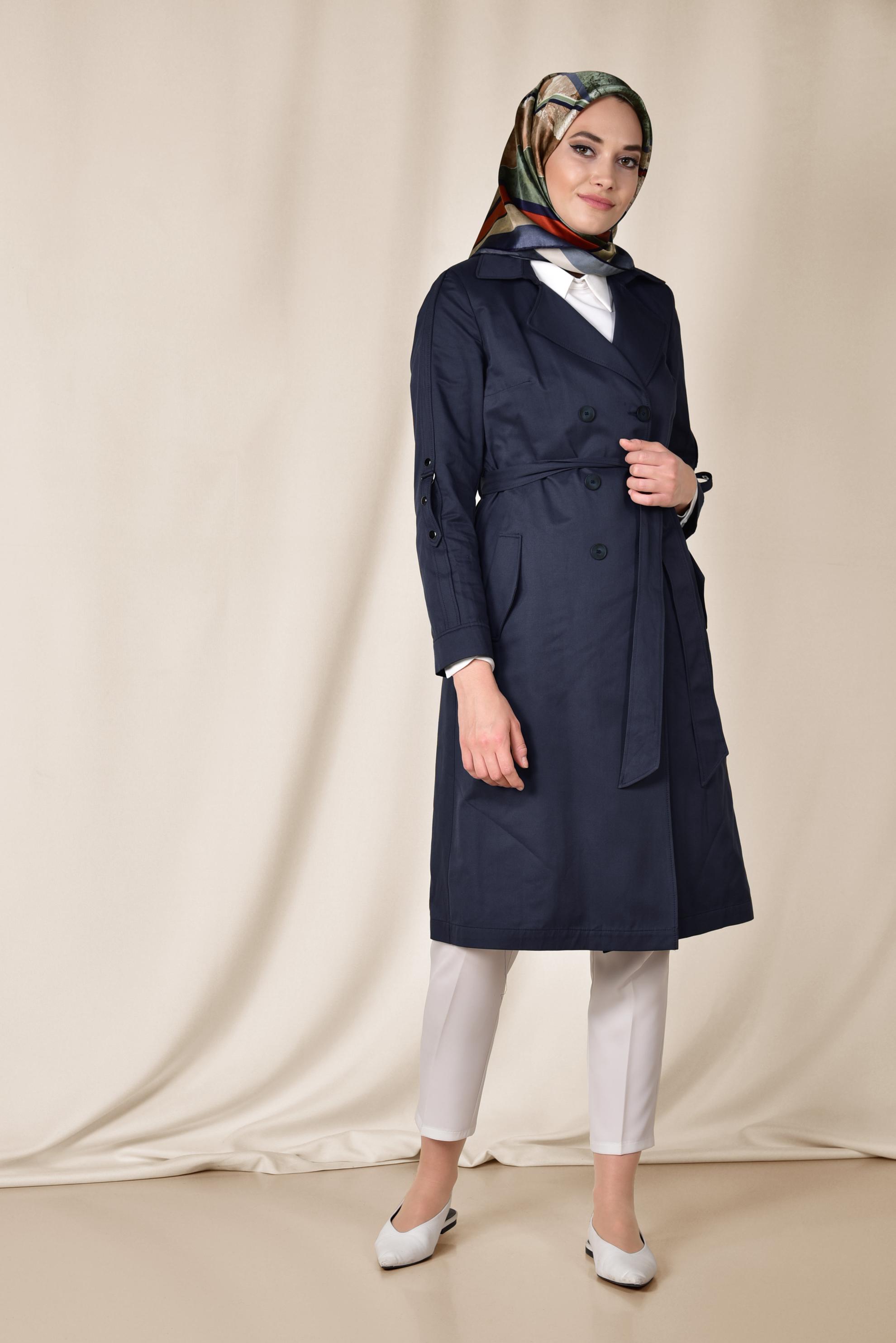 Tesettür giyim LACİVERT PAMUKLU KRUVAZE TRENÇKOT 1428