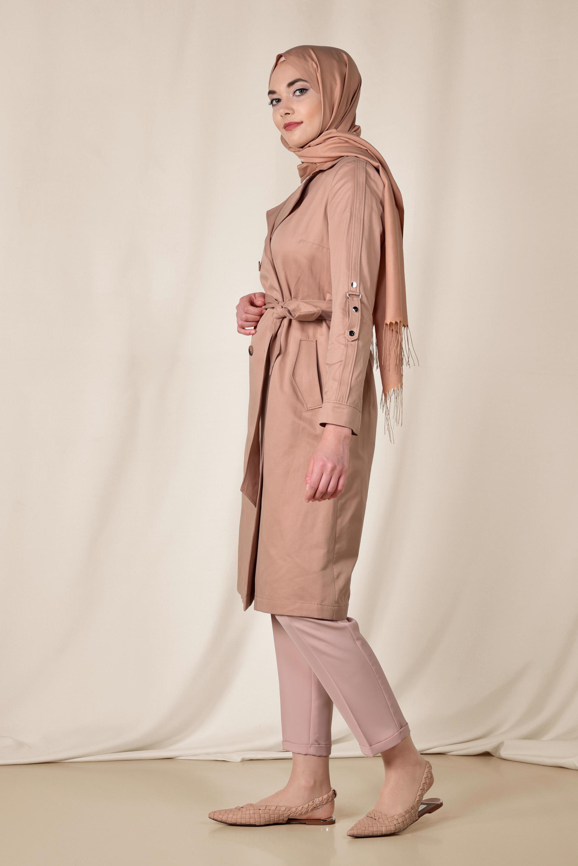 Tesettür giyim PUDRA PAMUKLU KRUVAZE TRENÇKOT 1428