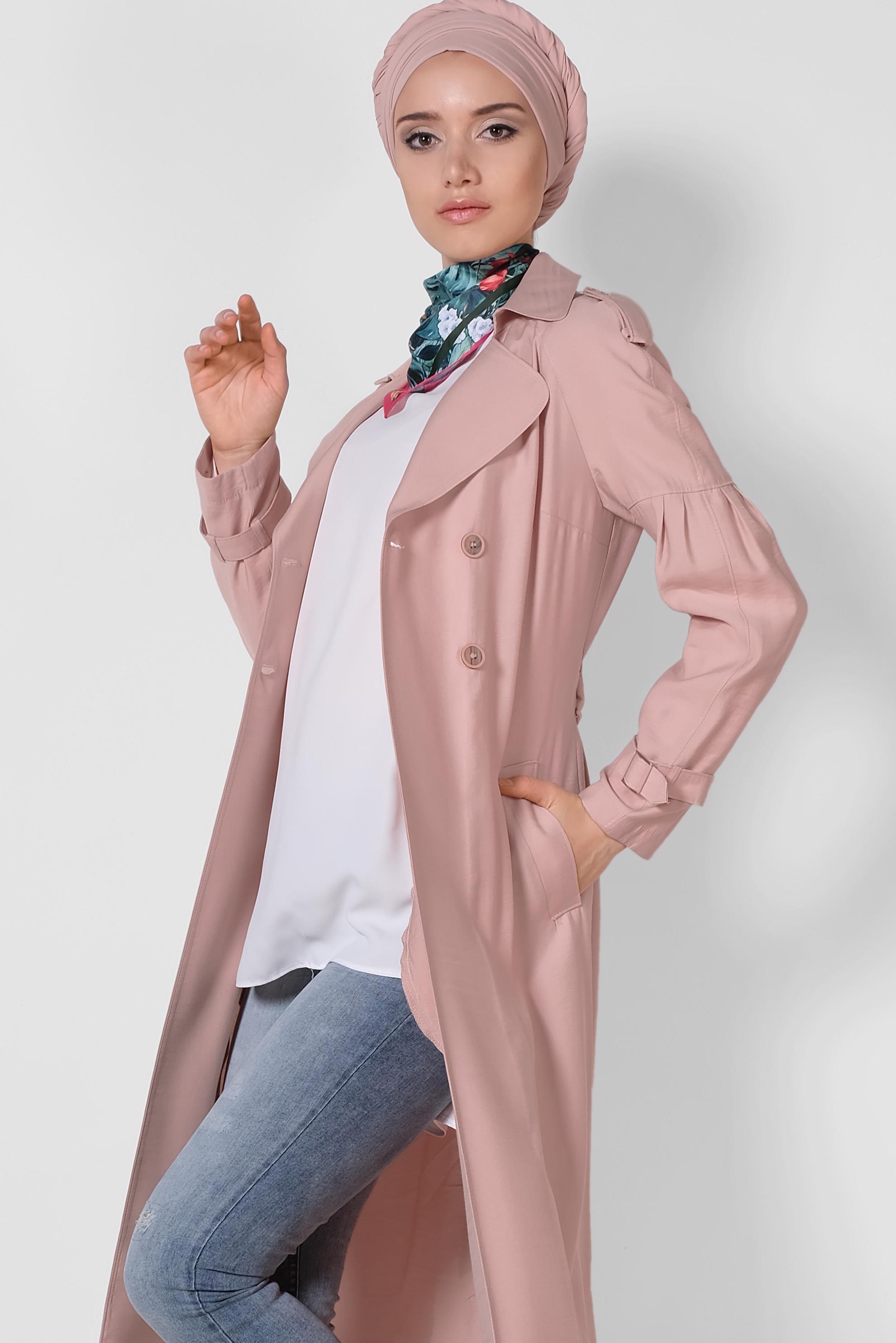 Tesettür giyim PUDRA DÜĞMELİ VE KEMERLİ SPOR TRENÇKOT 1429