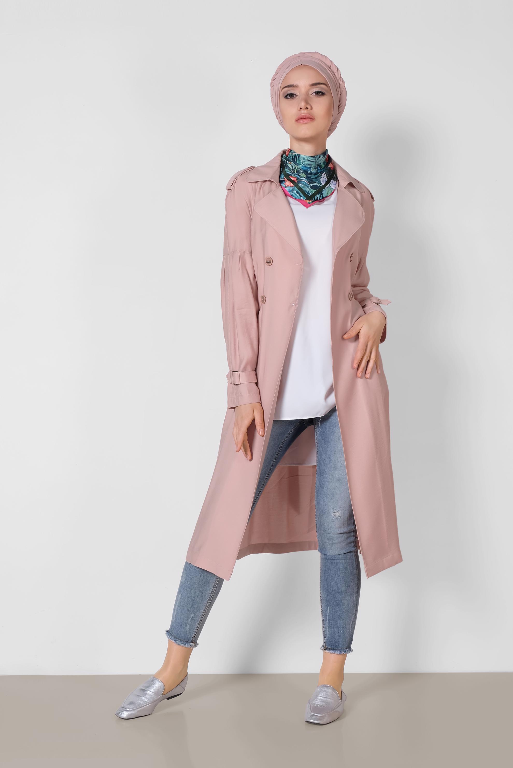 Tesettür giyim PUDRA DÜĞMELİ VE KEMERLİ SPOR TRENÇKOT 1429