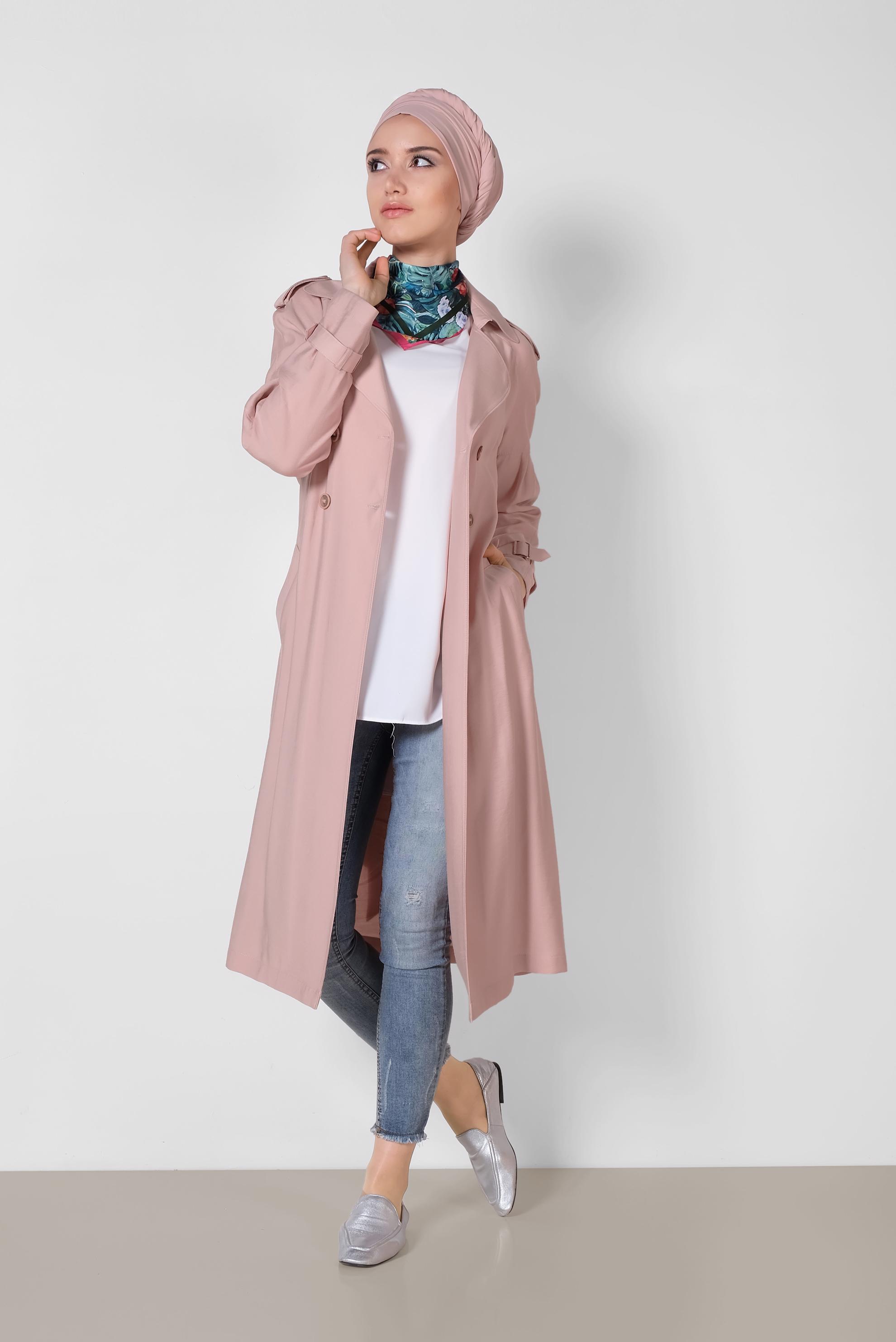 Tesettür giyim PUDRA DÜĞMELİ VE KEMERLİ SPOR TRENÇKOT 1429