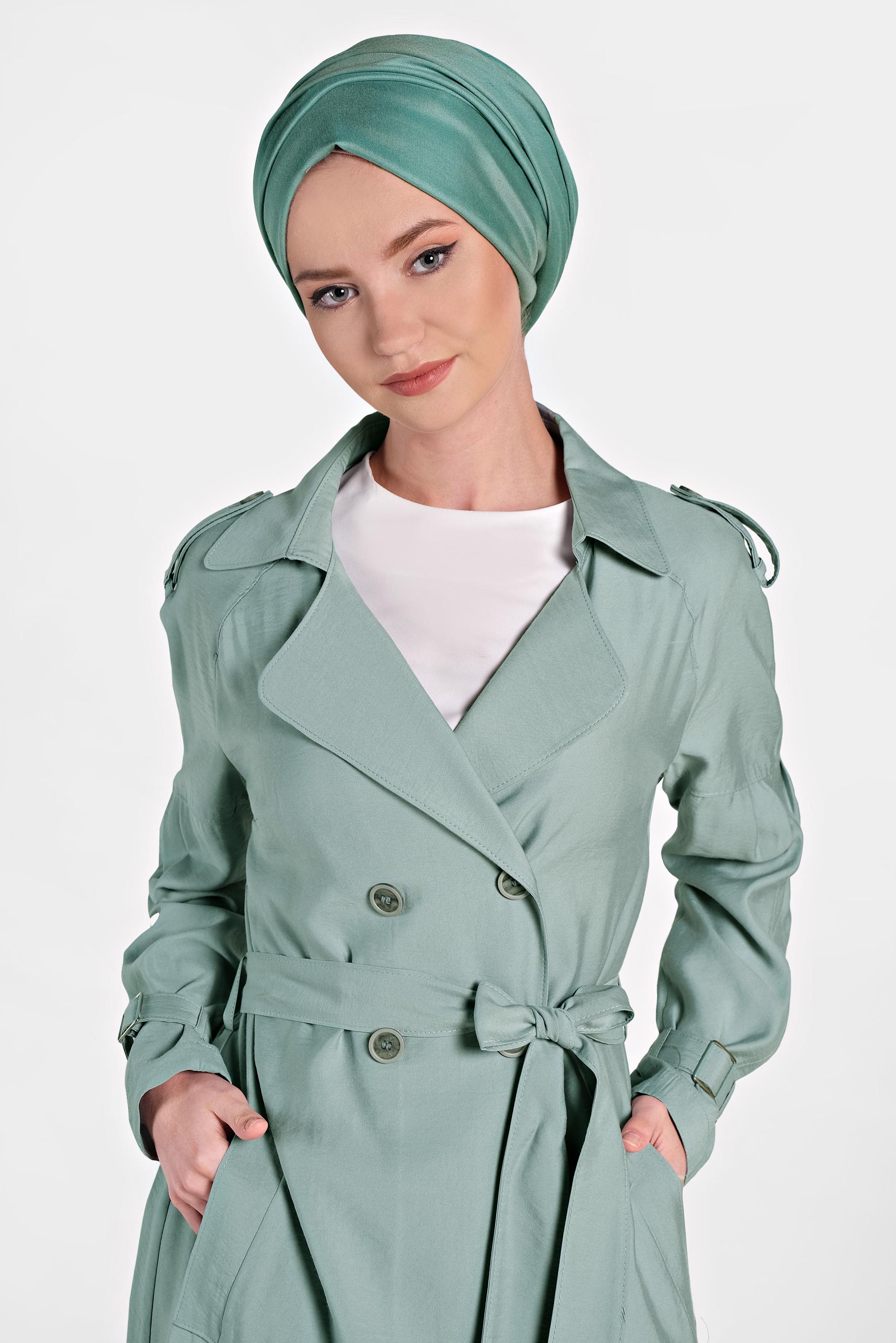 Tesettür giyim MAVİ DÜĞMELİ VE KEMERLİ SPOR TRENÇKOT 1429