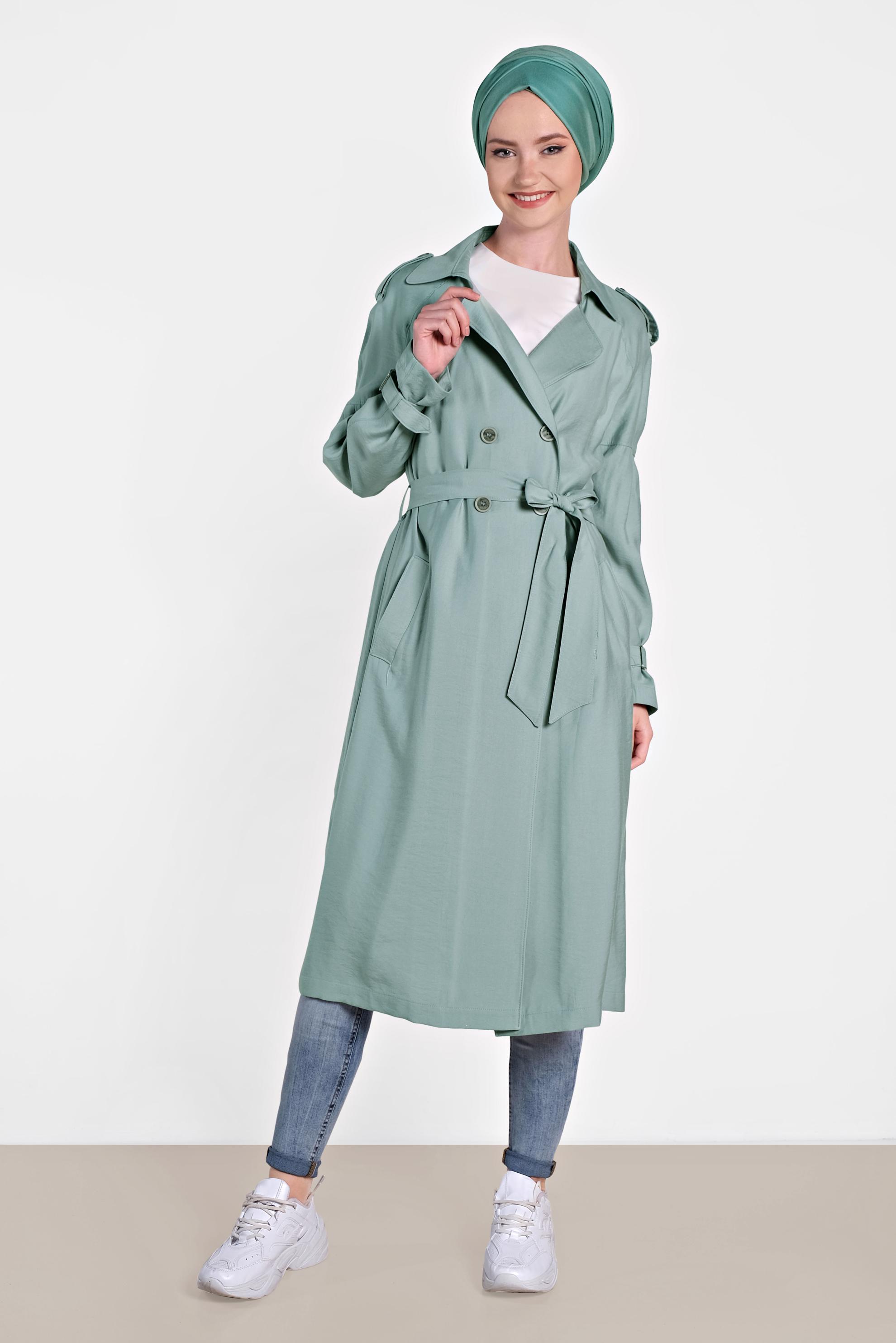 Tesettür giyim MAVİ DÜĞMELİ VE KEMERLİ SPOR TRENÇKOT 1429