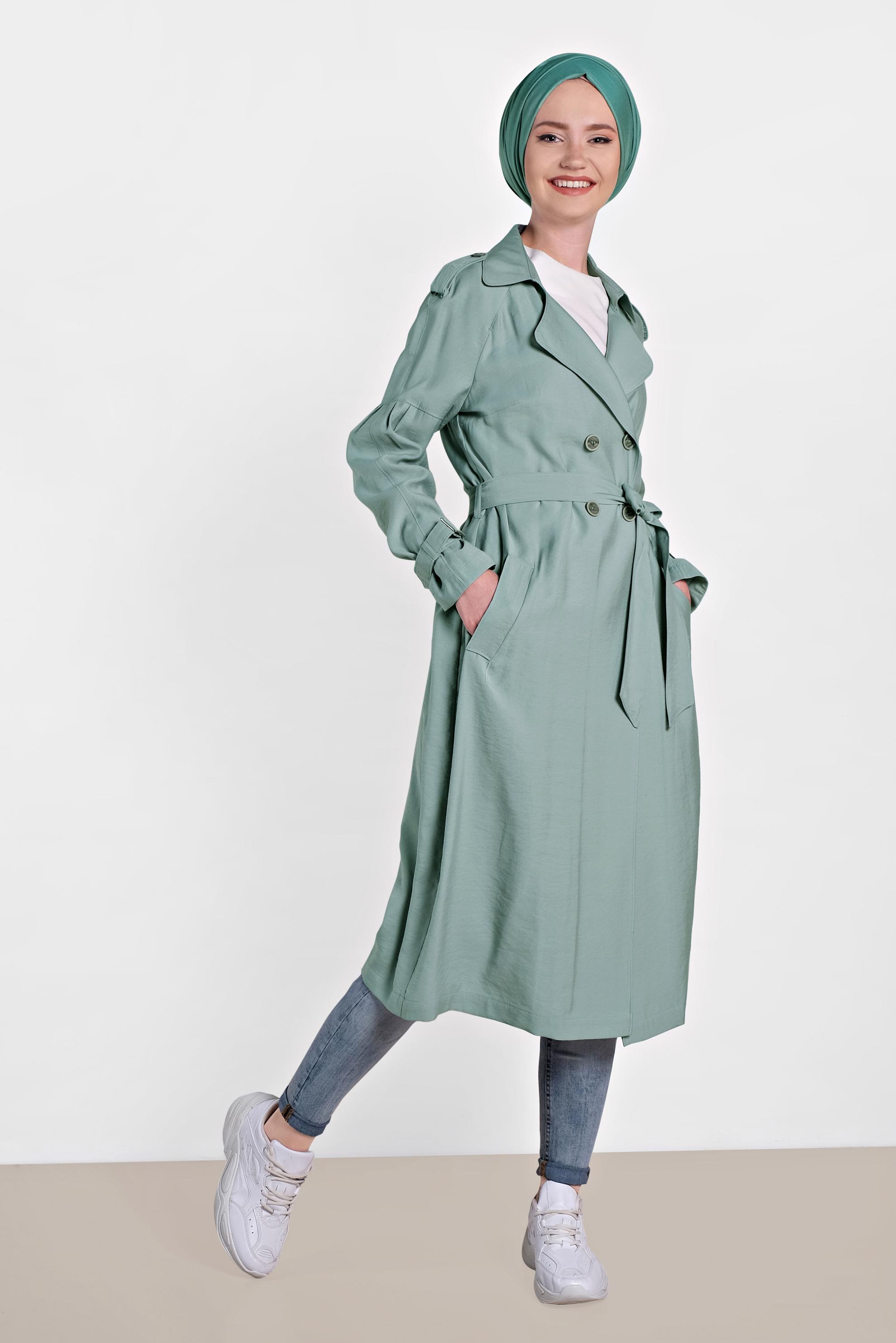 Tesettür giyim MAVİ DÜĞMELİ VE KEMERLİ SPOR TRENÇKOT 1429