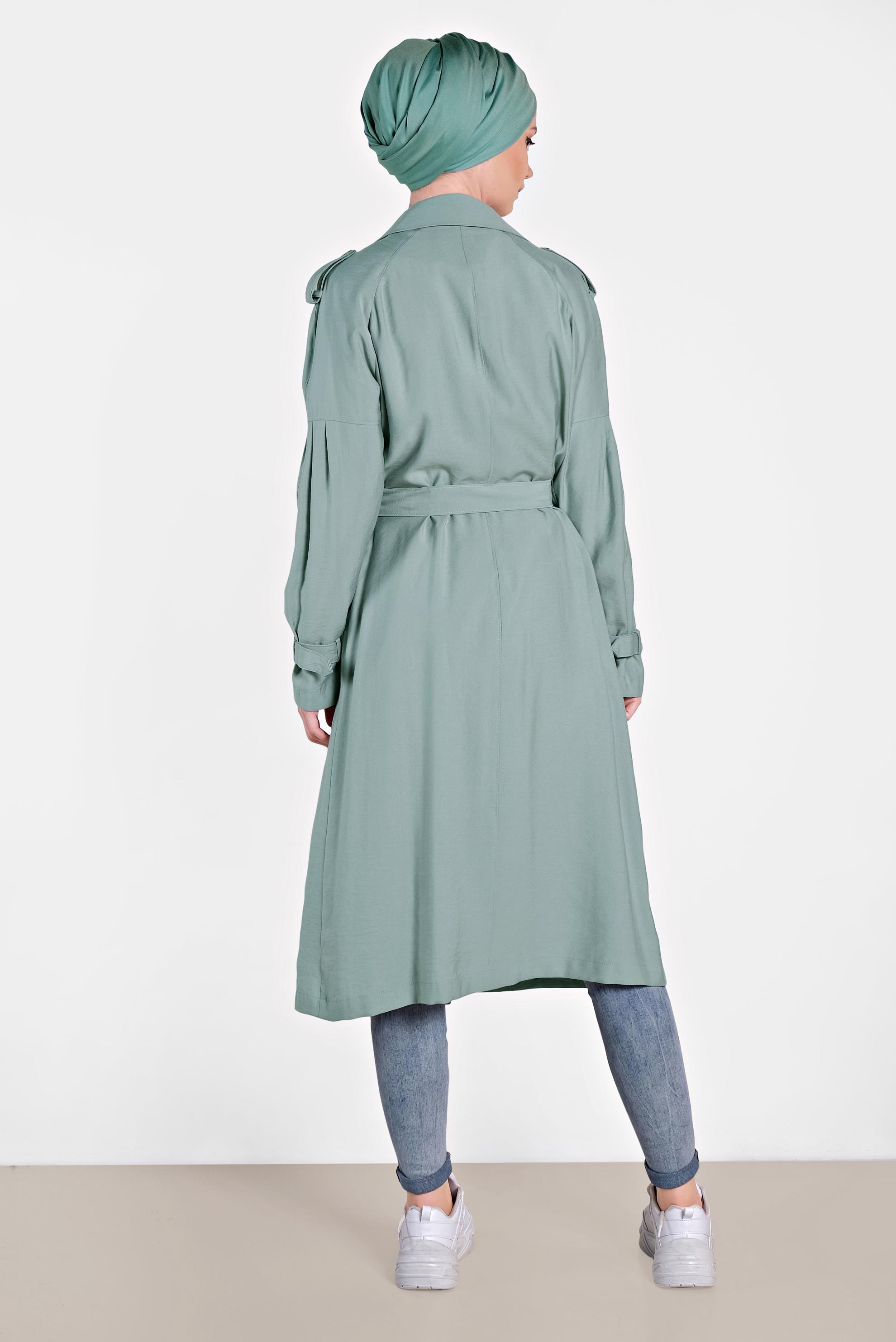 Tesettür giyim MAVİ DÜĞMELİ VE KEMERLİ SPOR TRENÇKOT 1429