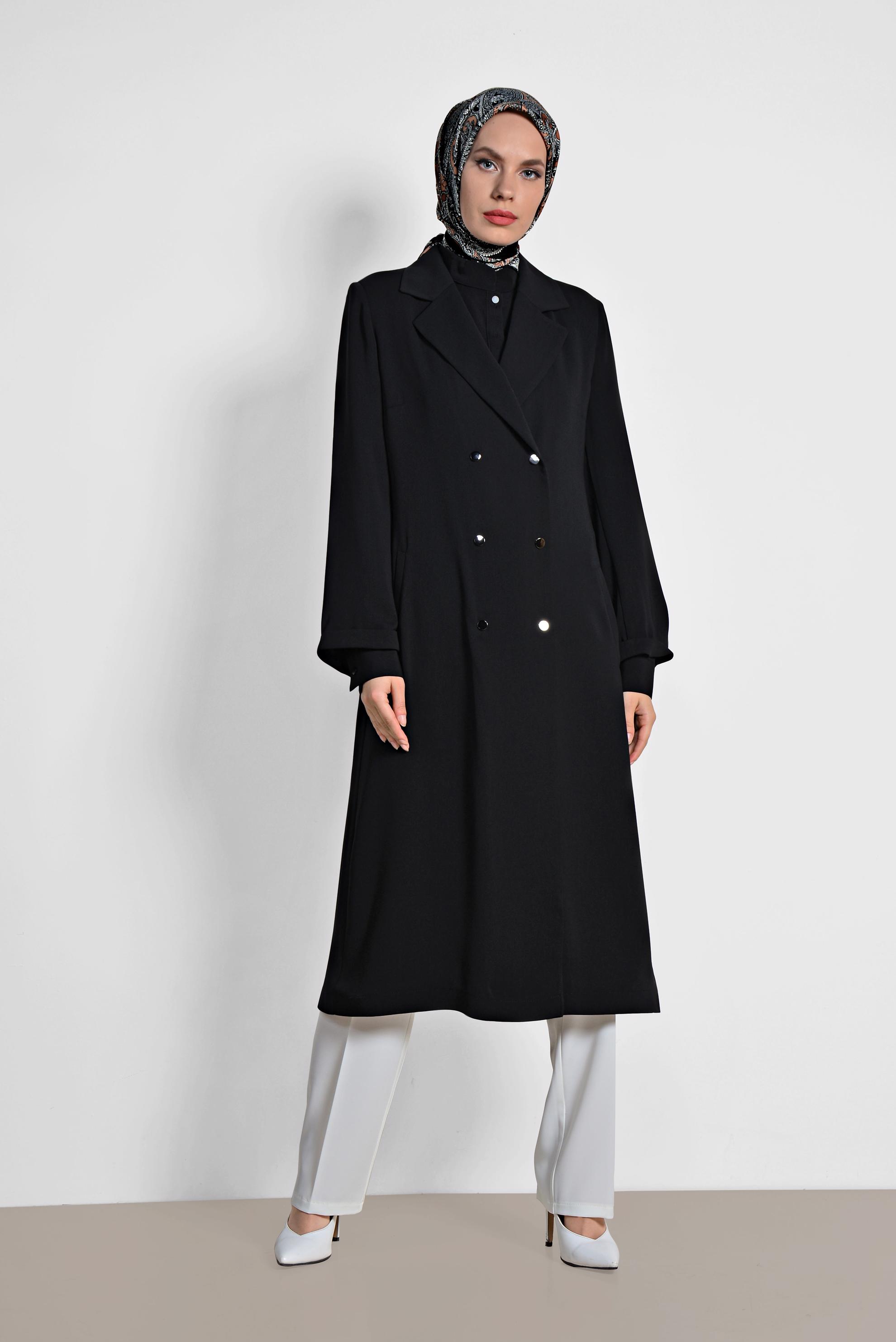 Tesettür giyim SİYAH KRUVAZE UZUN TRENÇKOT 1435
