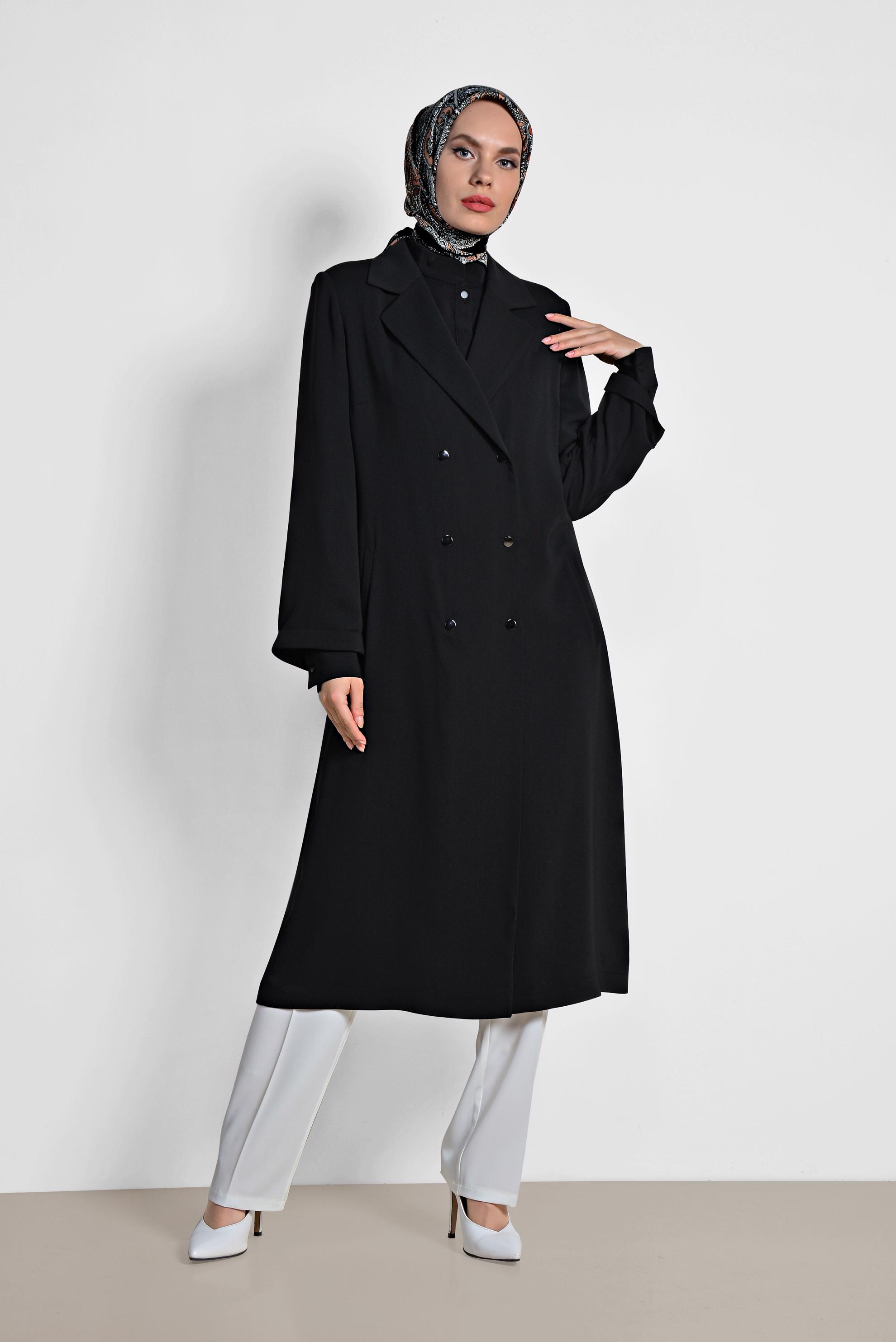 Tesettür giyim SİYAH KRUVAZE UZUN TRENÇKOT 1435