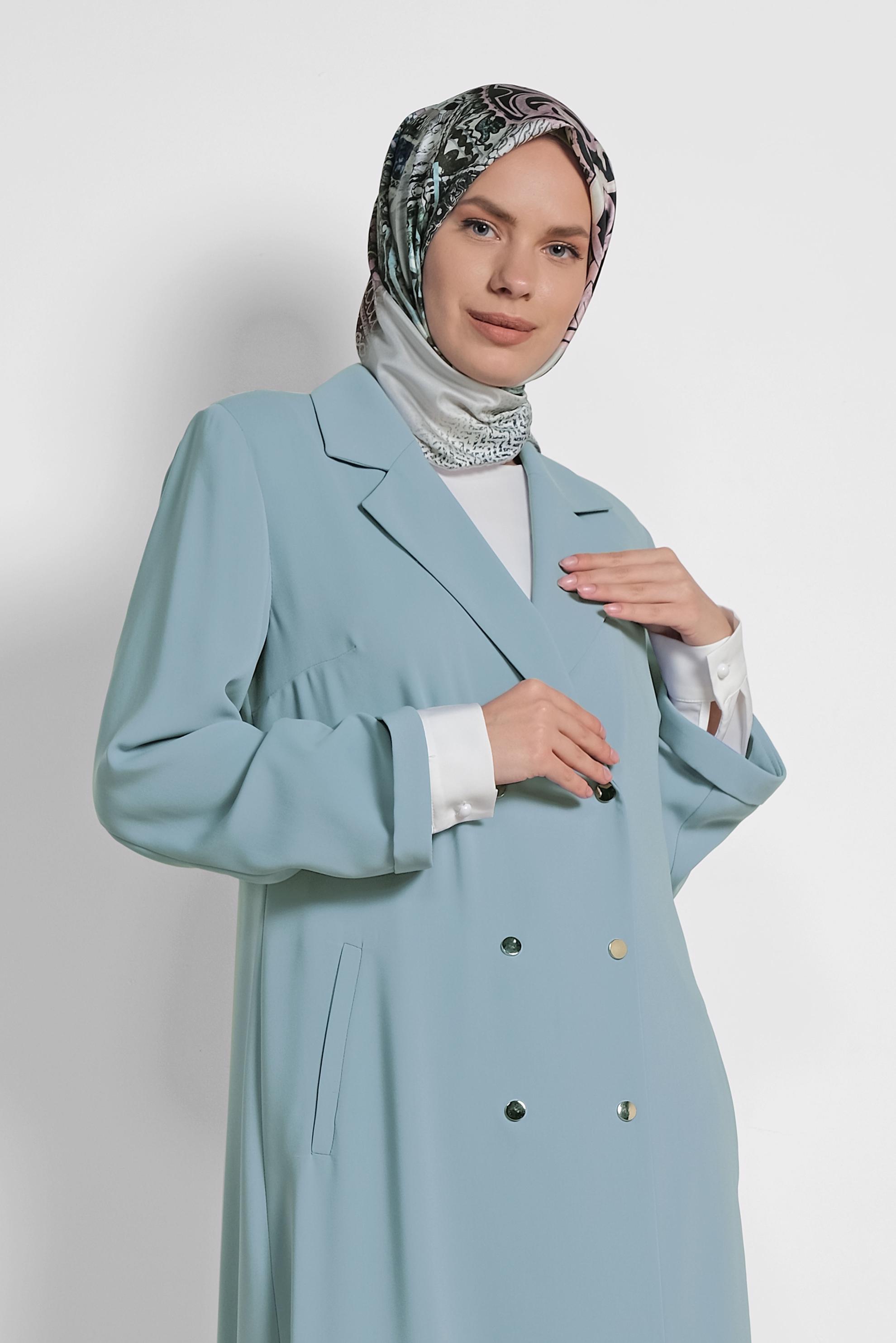 Tesettür giyim MAVİ KRUVAZE UZUN TRENÇKOT 1435