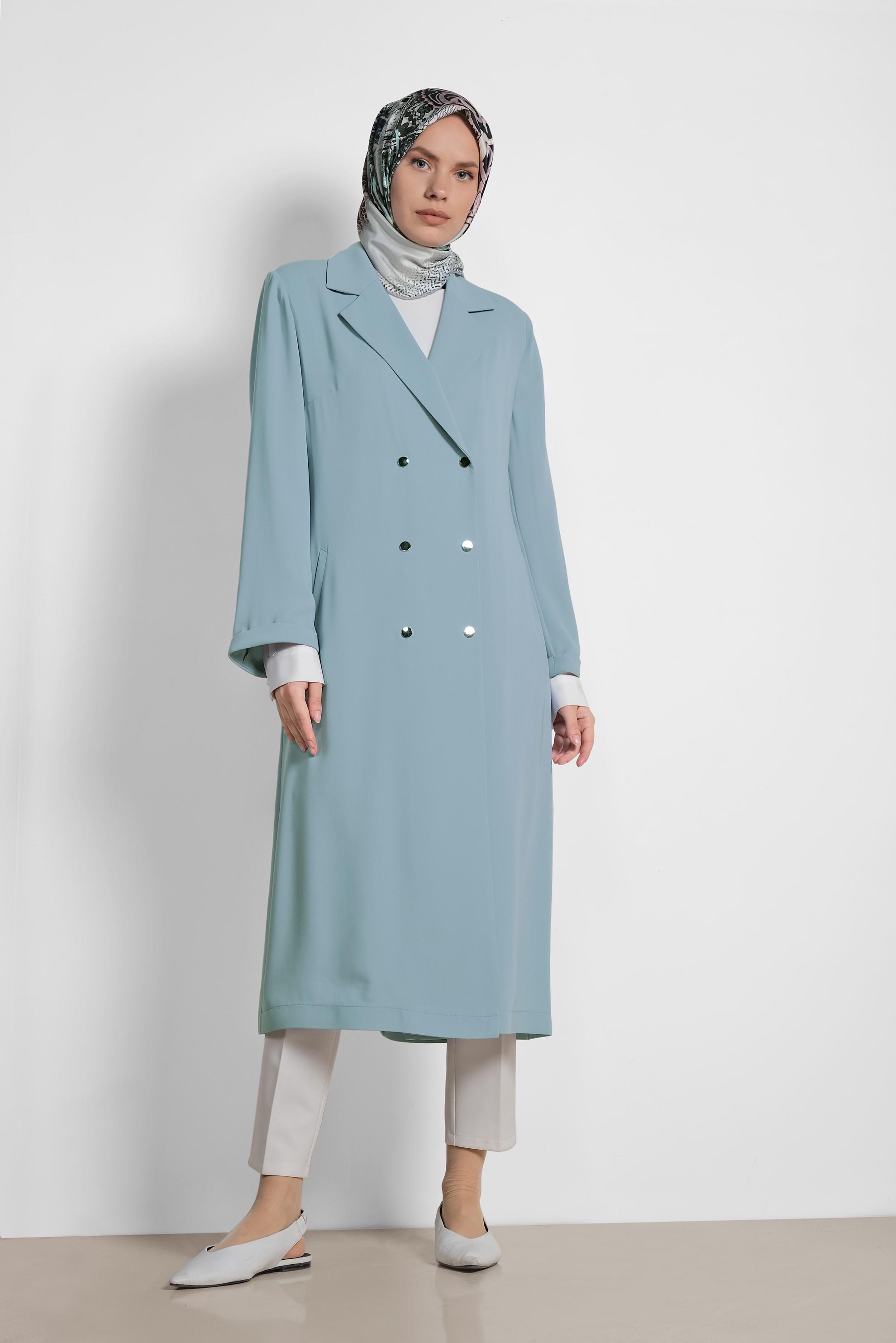 Tesettür giyim MAVİ KRUVAZE UZUN TRENÇKOT 1435