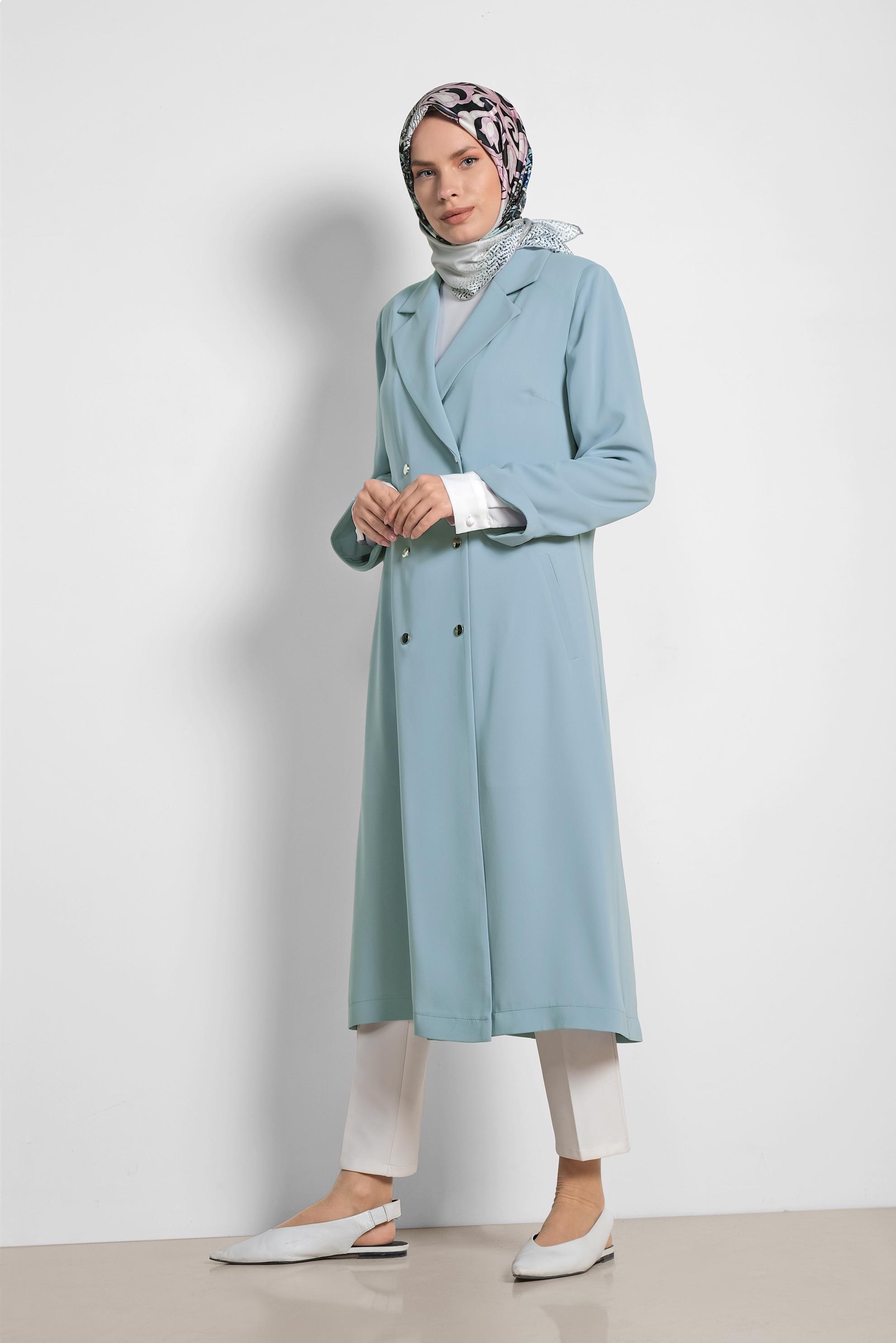 Tesettür giyim MAVİ KRUVAZE UZUN TRENÇKOT 1435