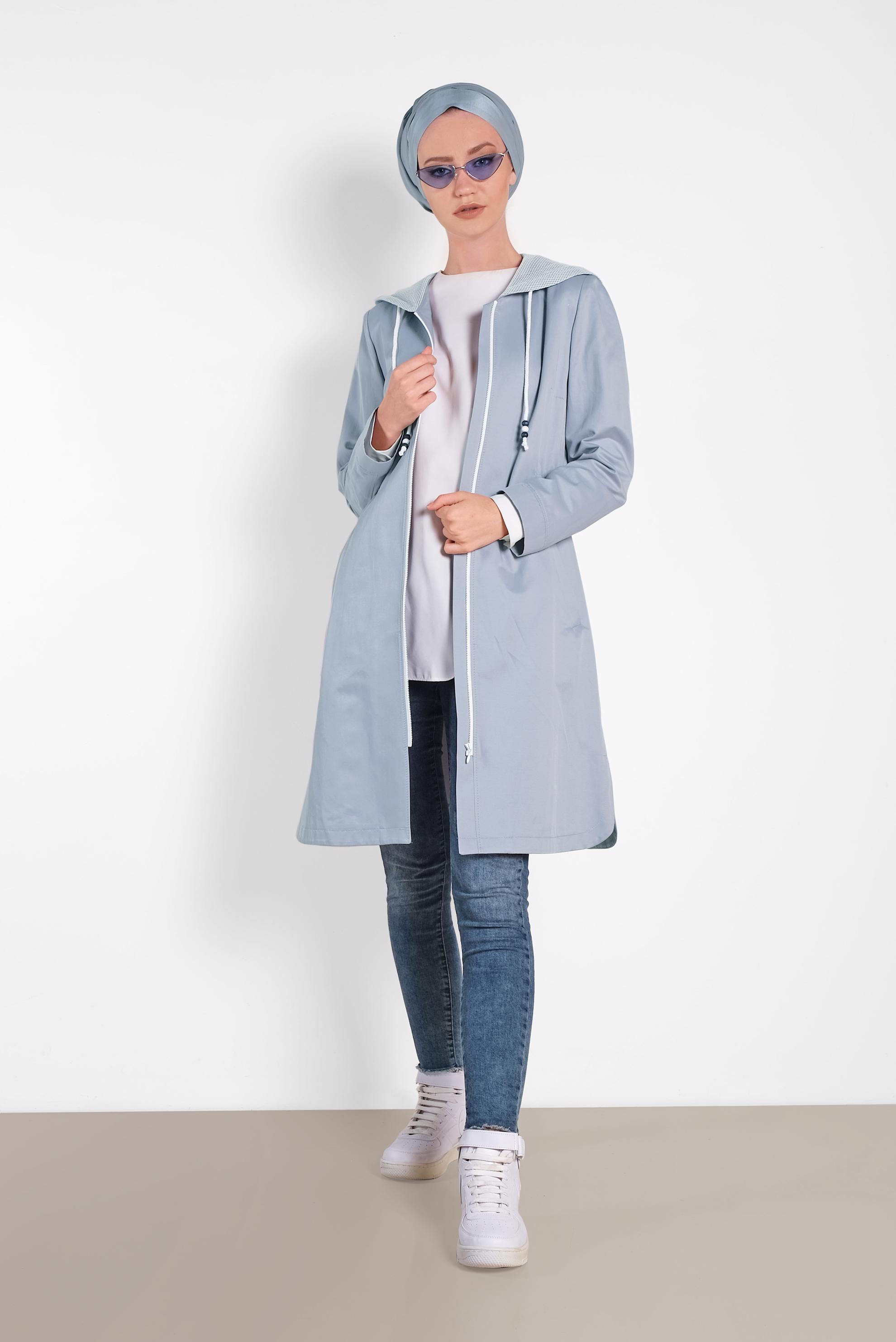 Tesettür giyim GRİ ÖNDEN FERMUARLI KAPÜŞONLU TRENÇKOT 1437