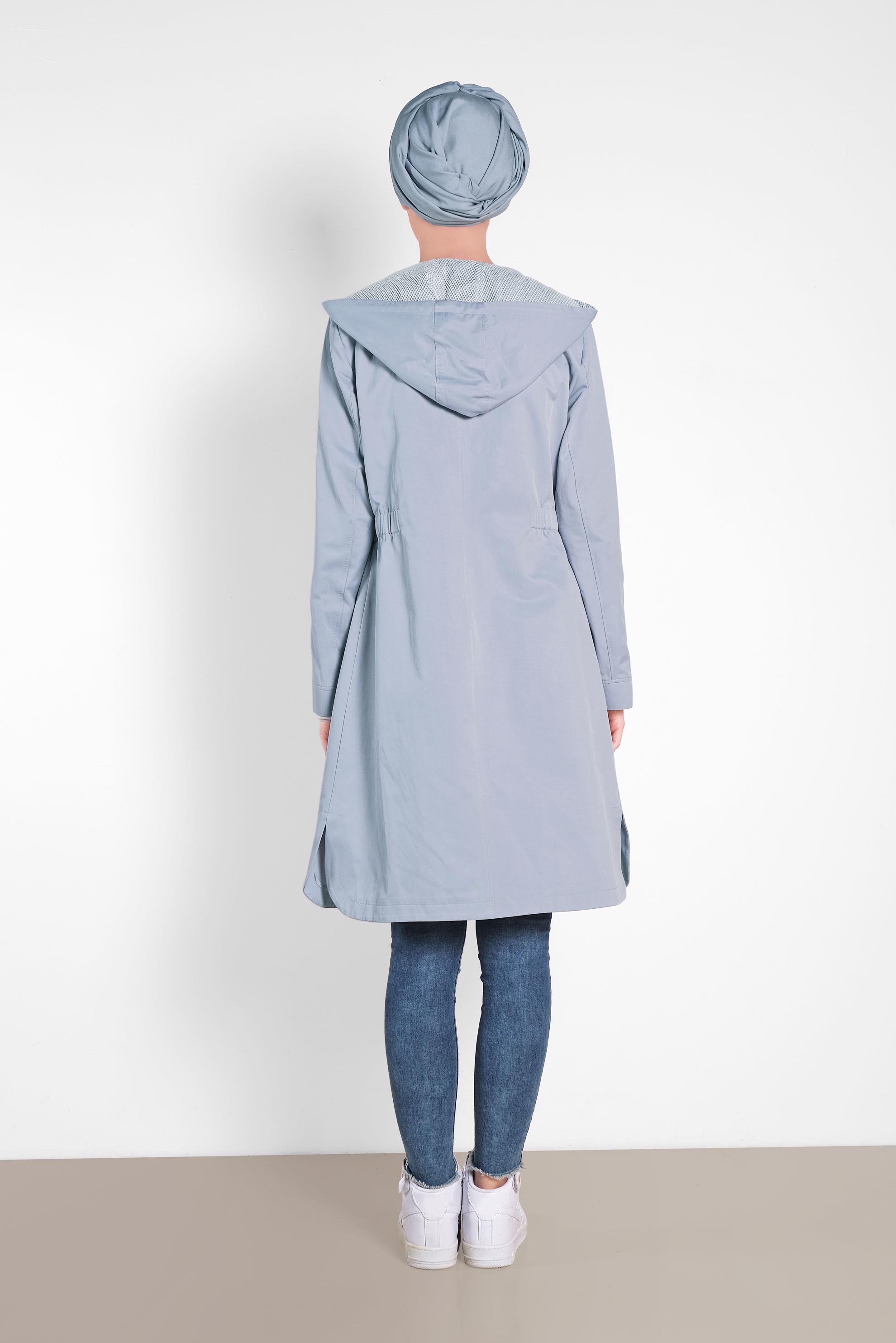 Tesettür giyim GRİ ÖNDEN FERMUARLI KAPÜŞONLU TRENÇKOT 1437