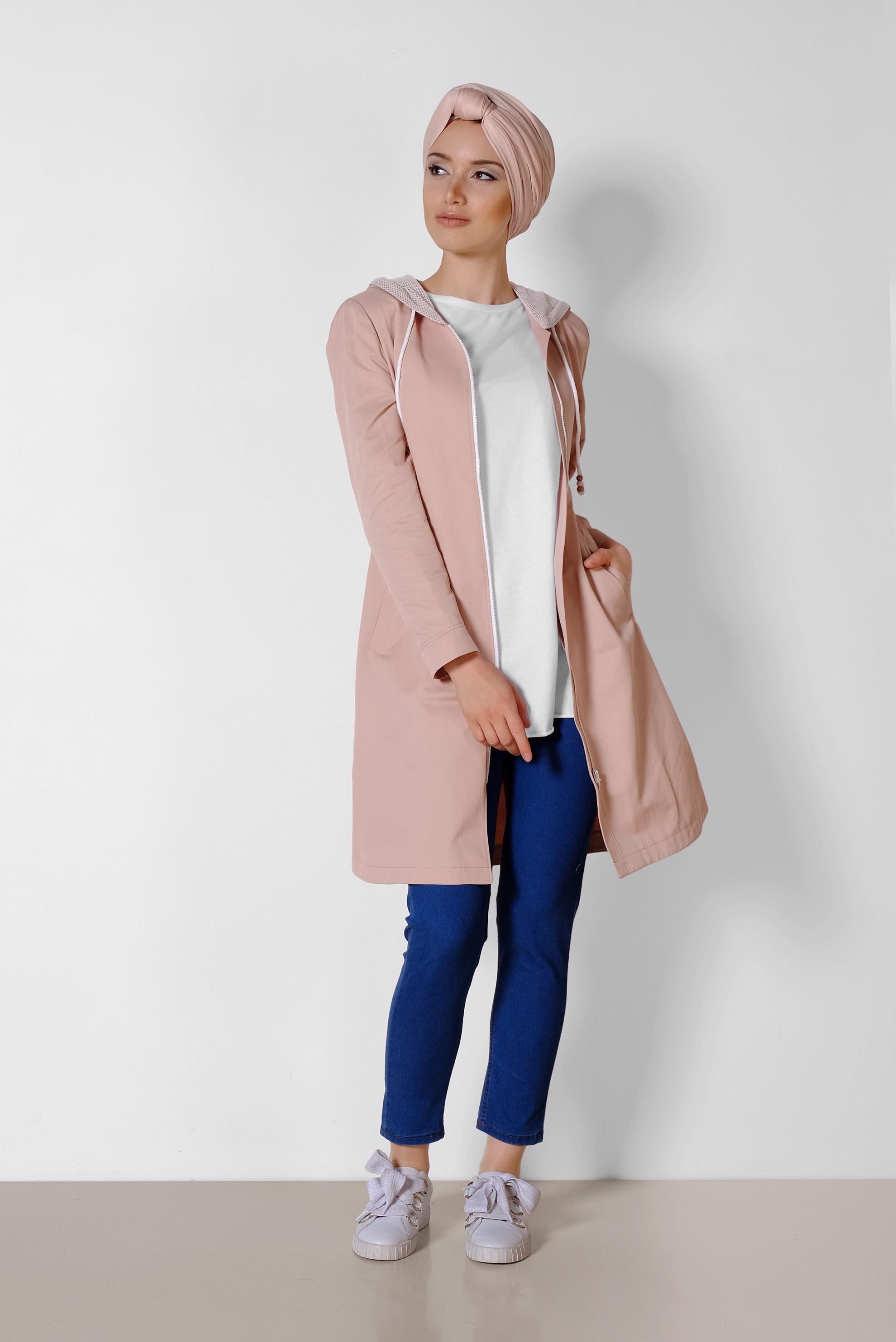 Tesettür giyim PUDRA ÖNDEN FERMUARLI KAPÜŞONLU TRENÇKOT 1437