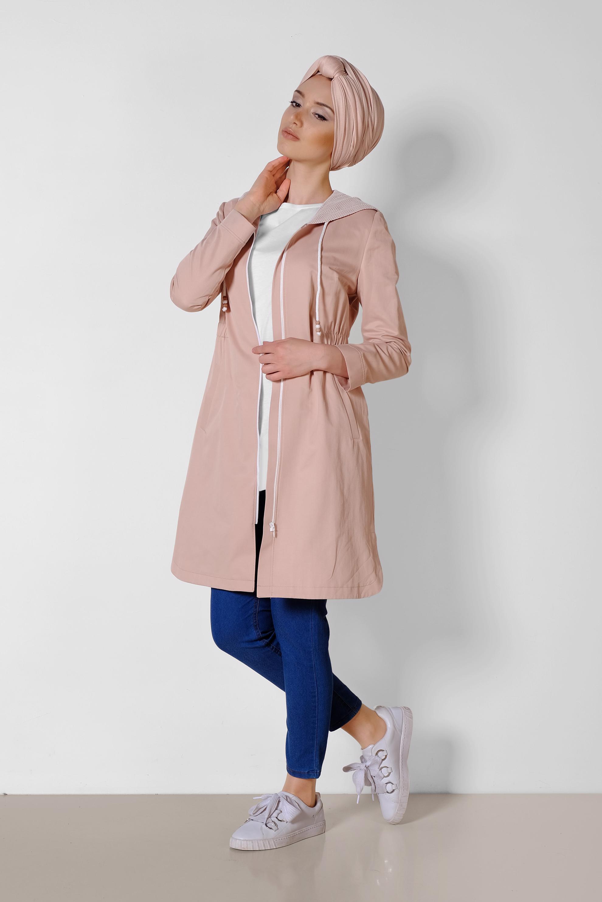 Tesettür giyim PUDRA ÖNDEN FERMUARLI KAPÜŞONLU TRENÇKOT 1437