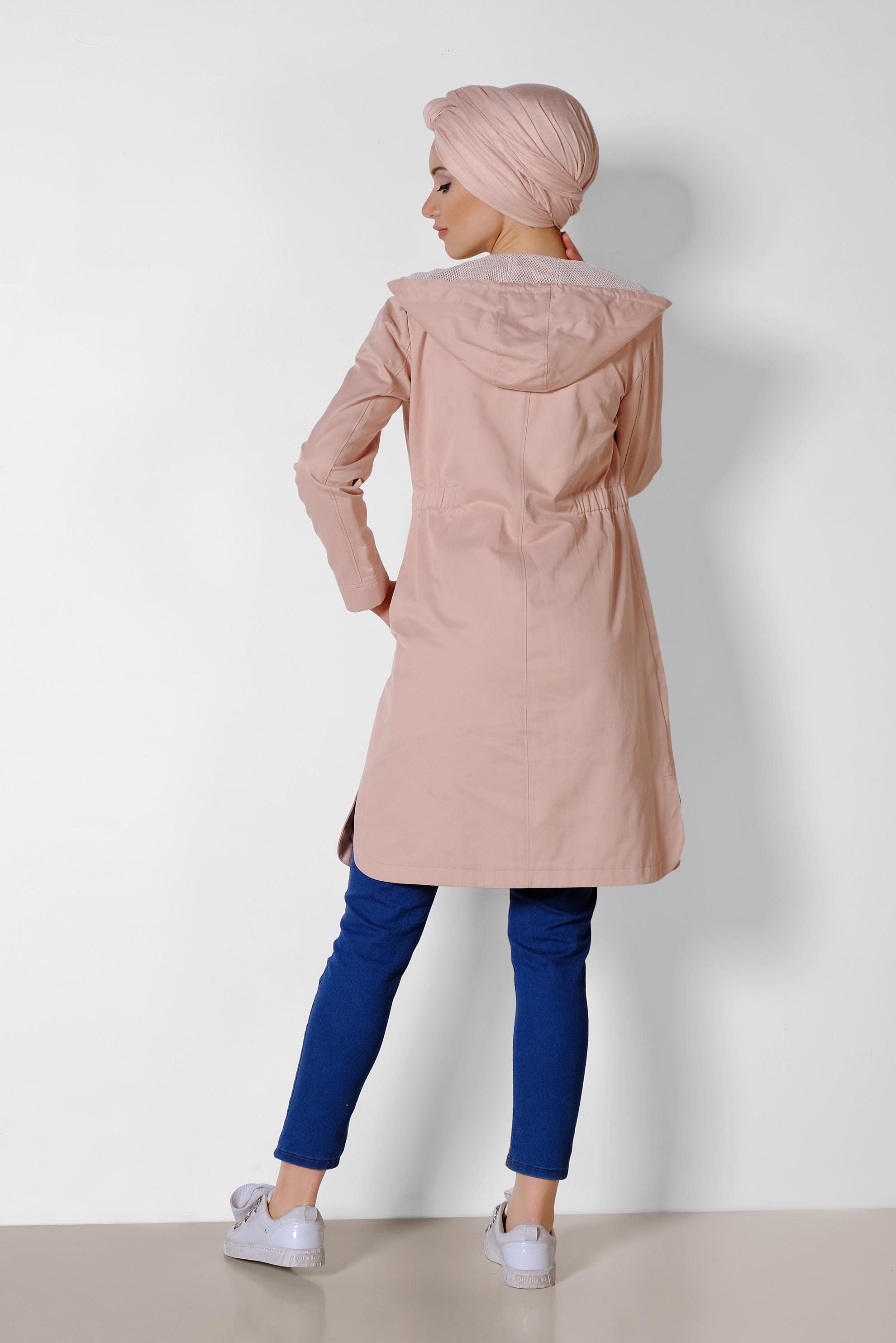 Tesettür giyim PUDRA ÖNDEN FERMUARLI KAPÜŞONLU TRENÇKOT 1437
