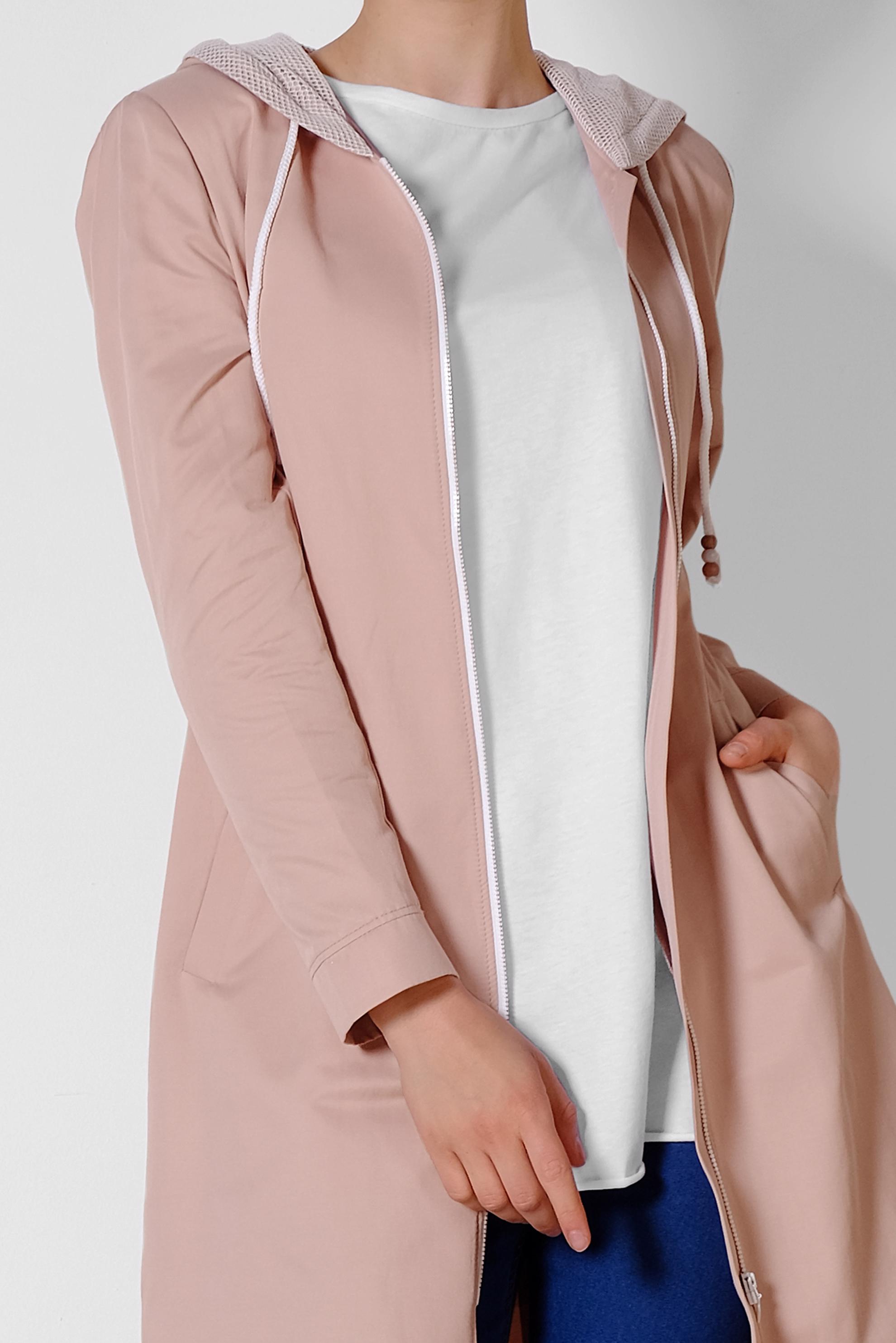 Tesettür giyim PUDRA ÖNDEN FERMUARLI KAPÜŞONLU TRENÇKOT 1437