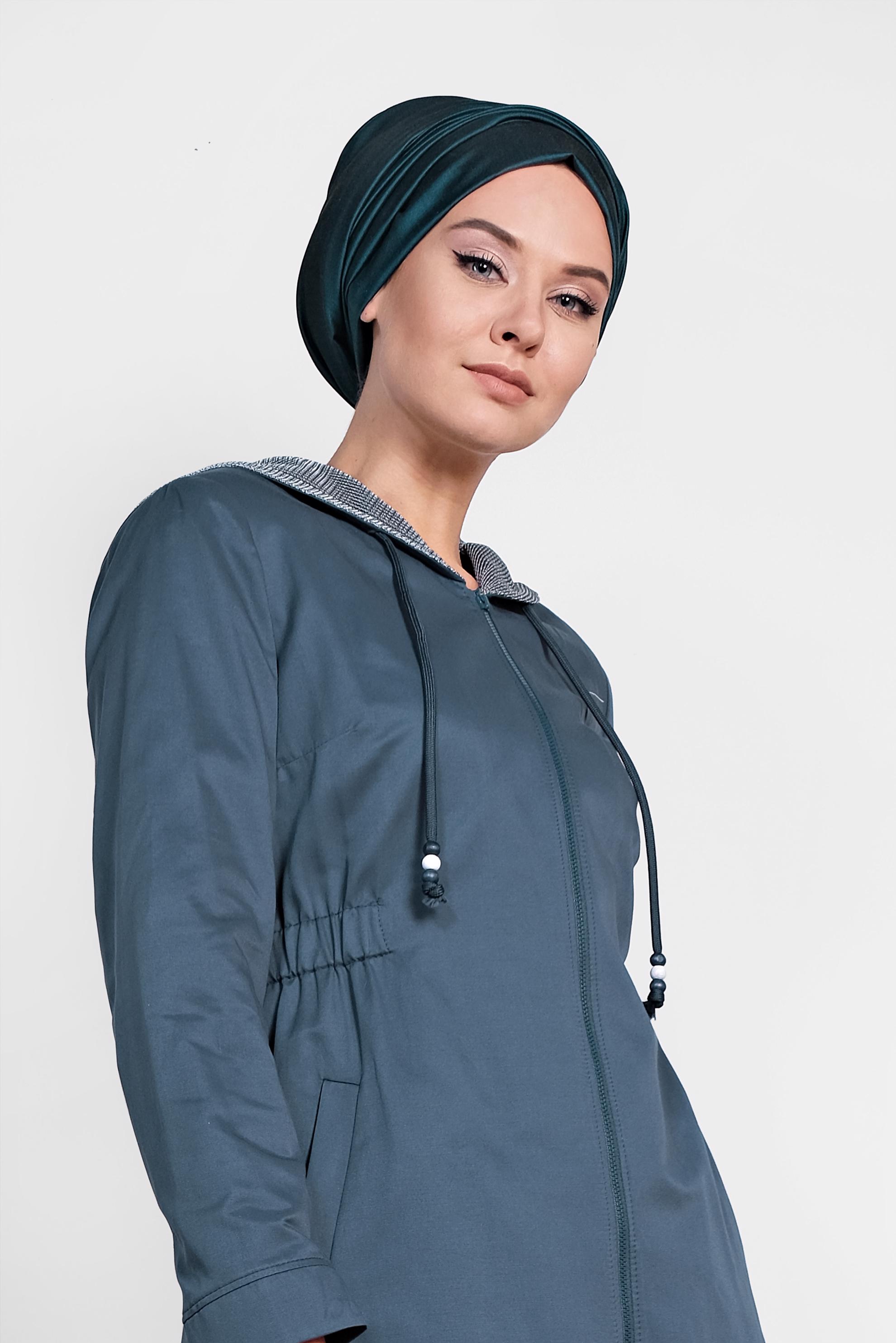 Tesettür giyim LACİVERT ÖNDEN FERMUARLI KAPÜŞONLU TRENÇKOT 1437