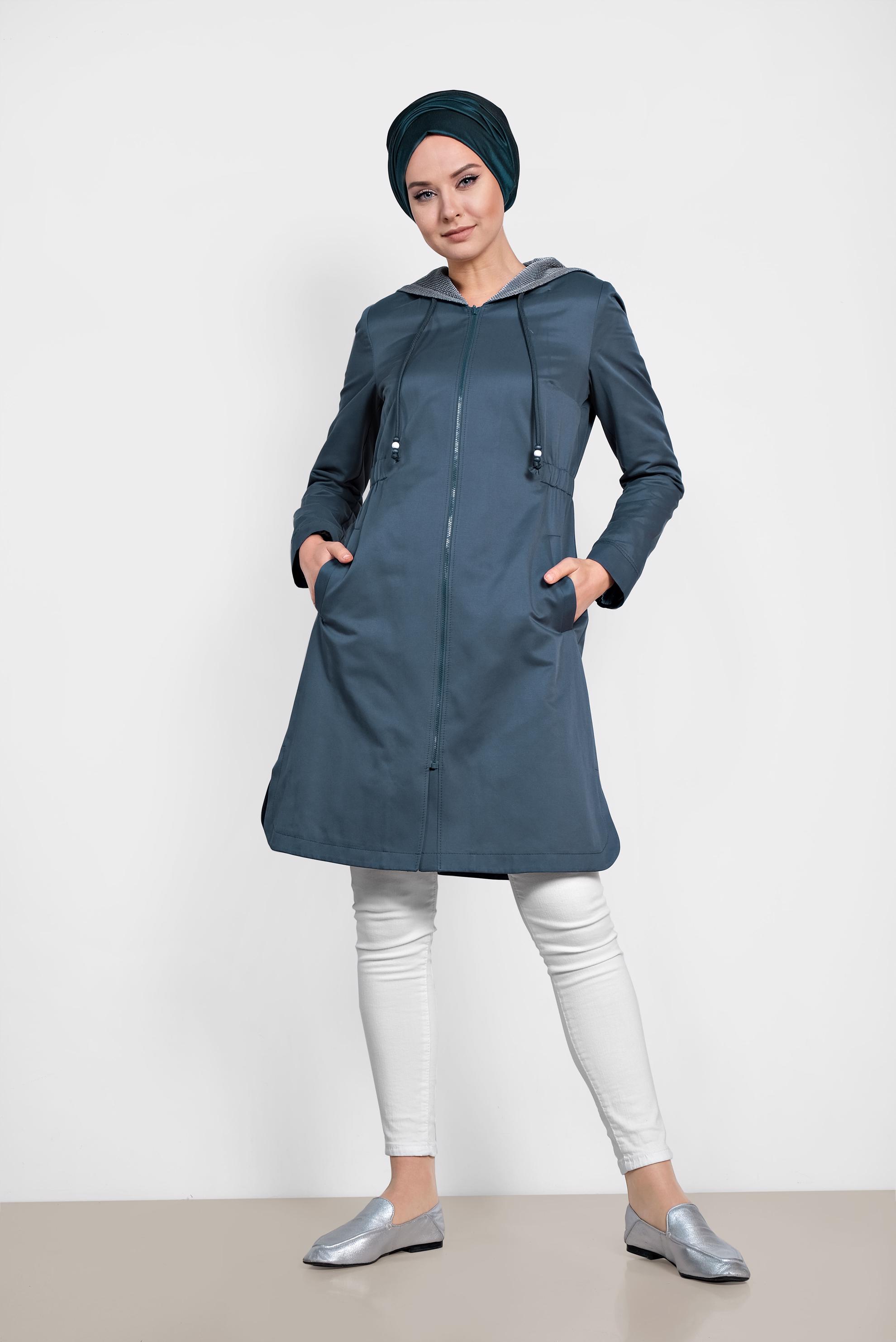 Tesettür giyim LACİVERT ÖNDEN FERMUARLI KAPÜŞONLU TRENÇKOT 1437
