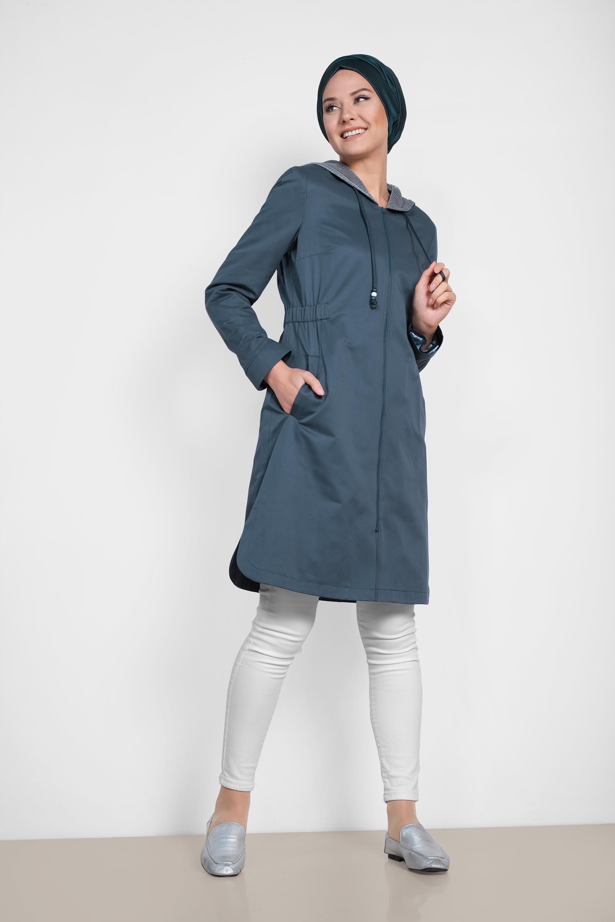 Tesettür giyim LACİVERT ÖNDEN FERMUARLI KAPÜŞONLU TRENÇKOT 1437