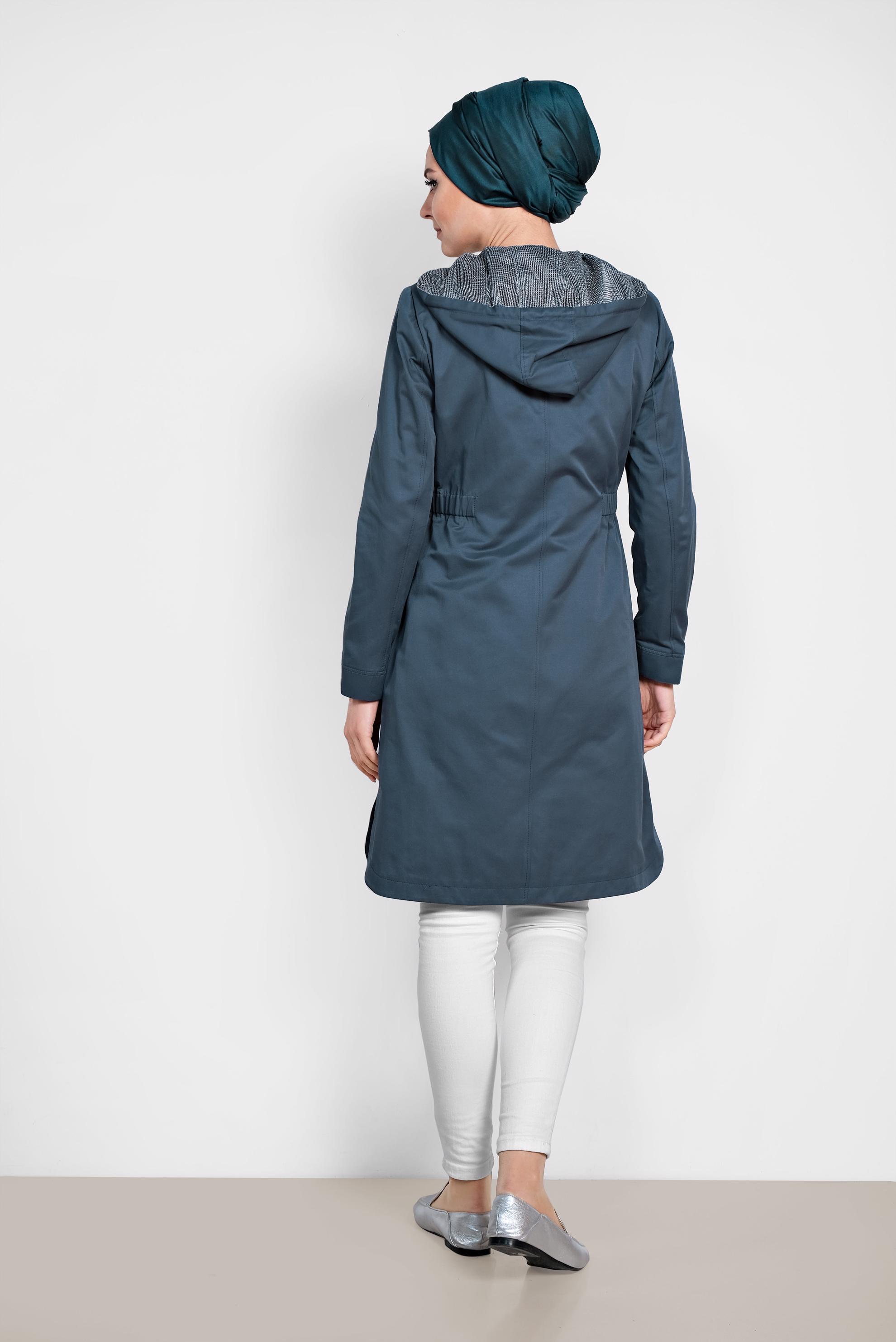 Tesettür giyim LACİVERT ÖNDEN FERMUARLI KAPÜŞONLU TRENÇKOT 1437