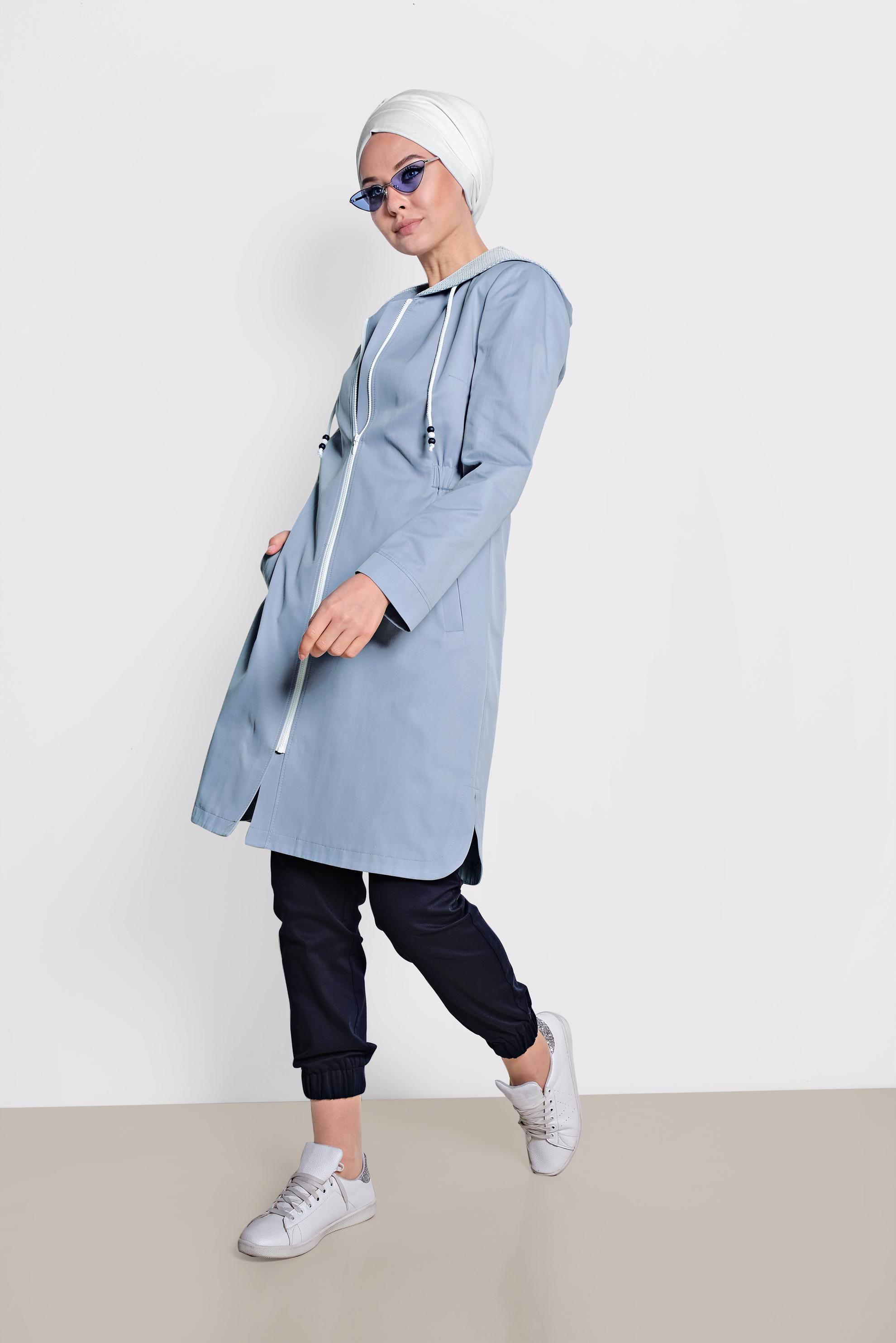 Tesettür giyim MAVİ ÖNDEN FERMUARLI KAPÜŞONLU TRENÇKOT 1437