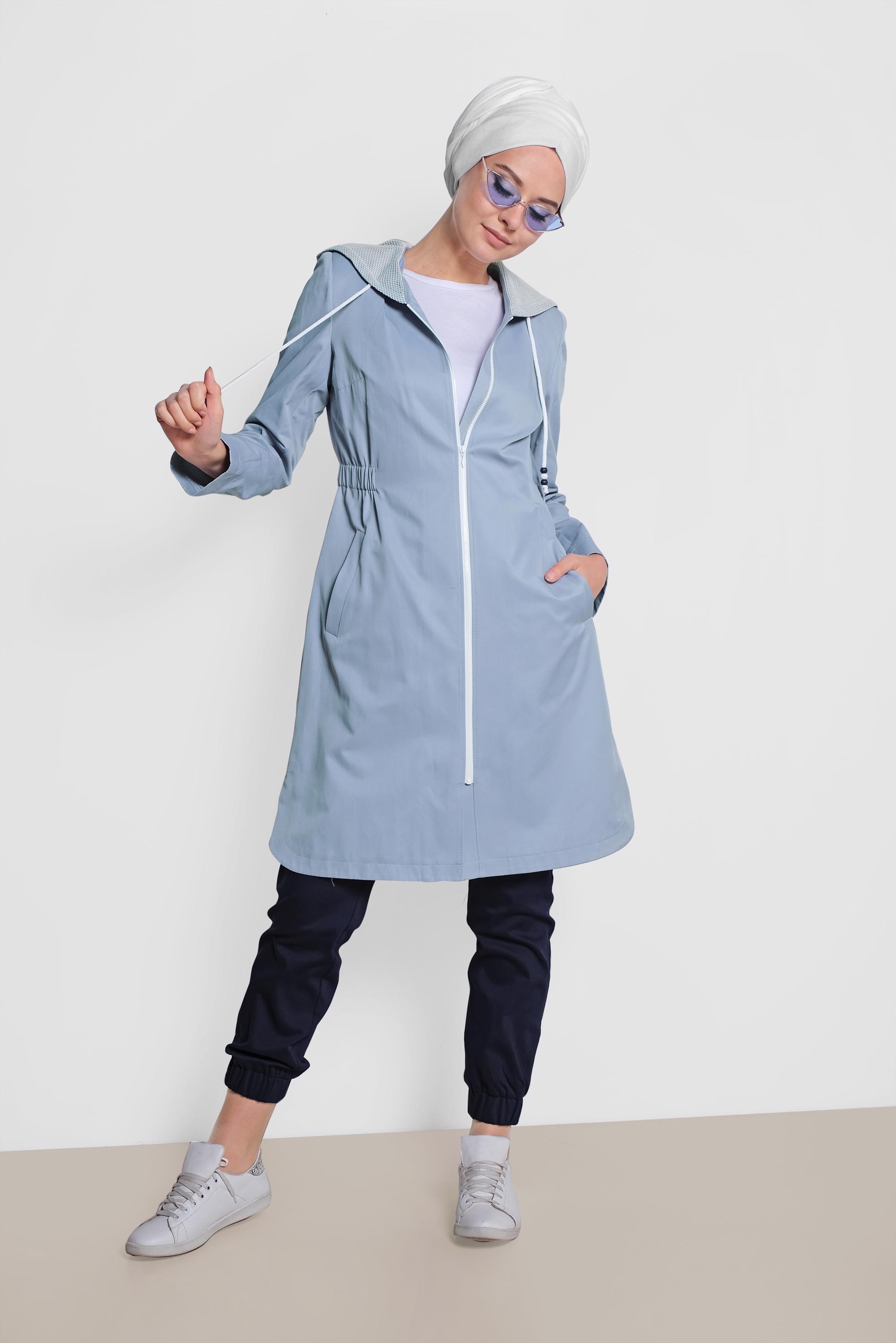 Tesettür giyim MAVİ ÖNDEN FERMUARLI KAPÜŞONLU TRENÇKOT 1437