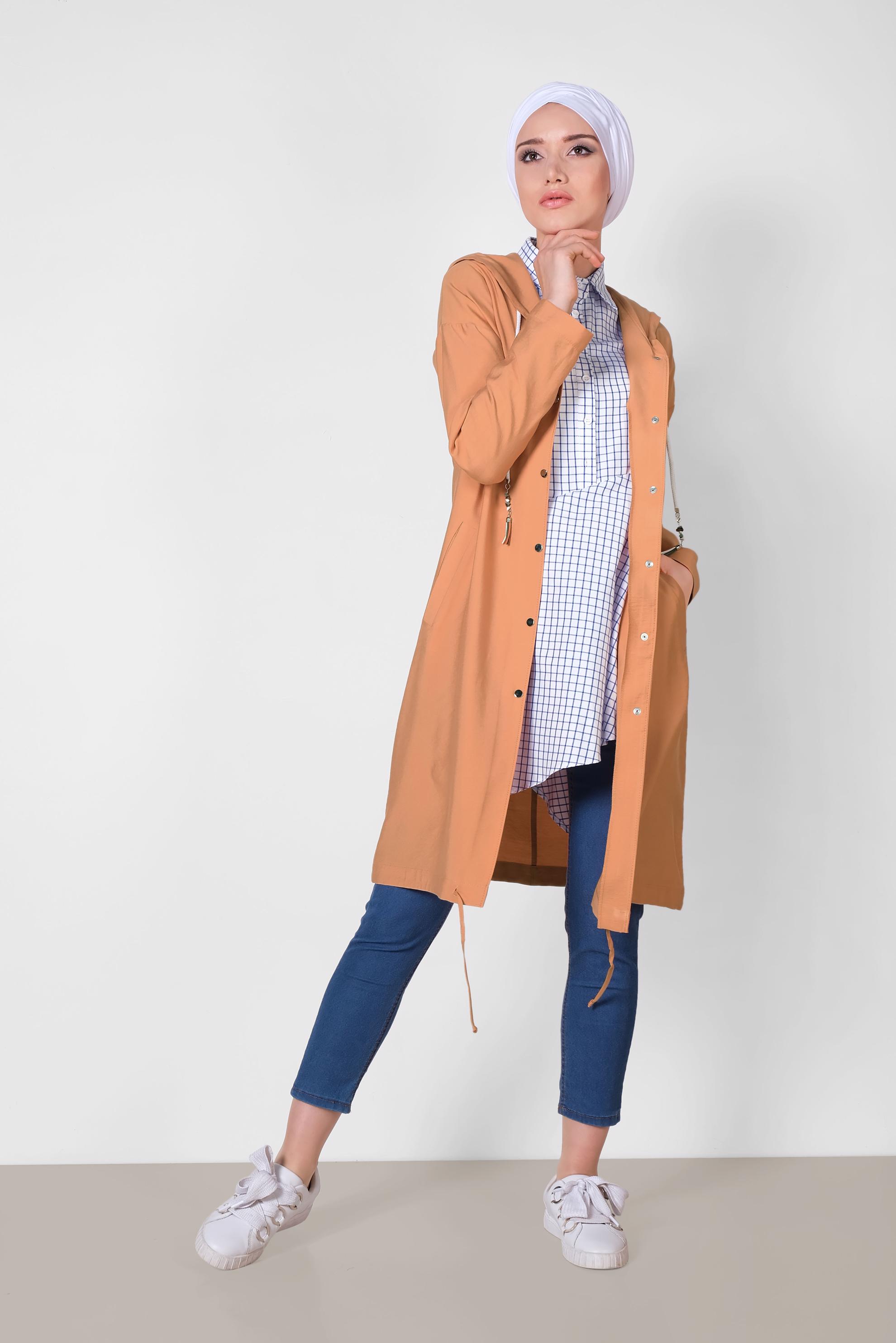 Tesettür giyim TURUNCU KAPÜŞONLU ÇITÇITLI SPOR TRENÇKOT 1440