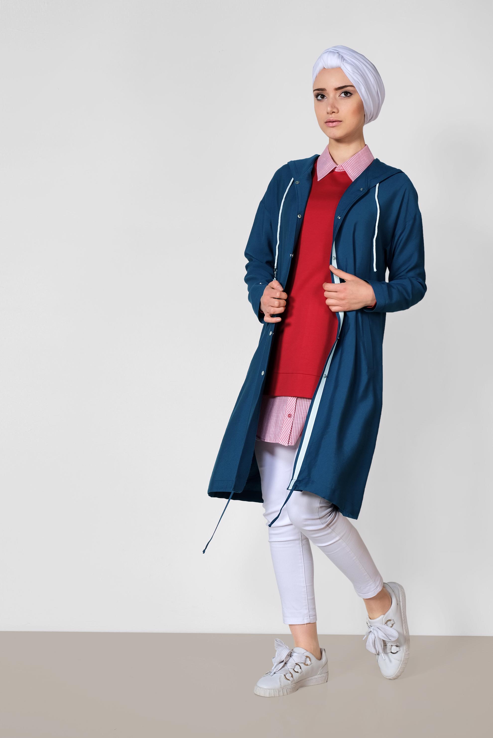 Tesettür giyim LACİVERT KAPÜŞONLU ÇITÇITLI SPOR TRENÇKOT 1440