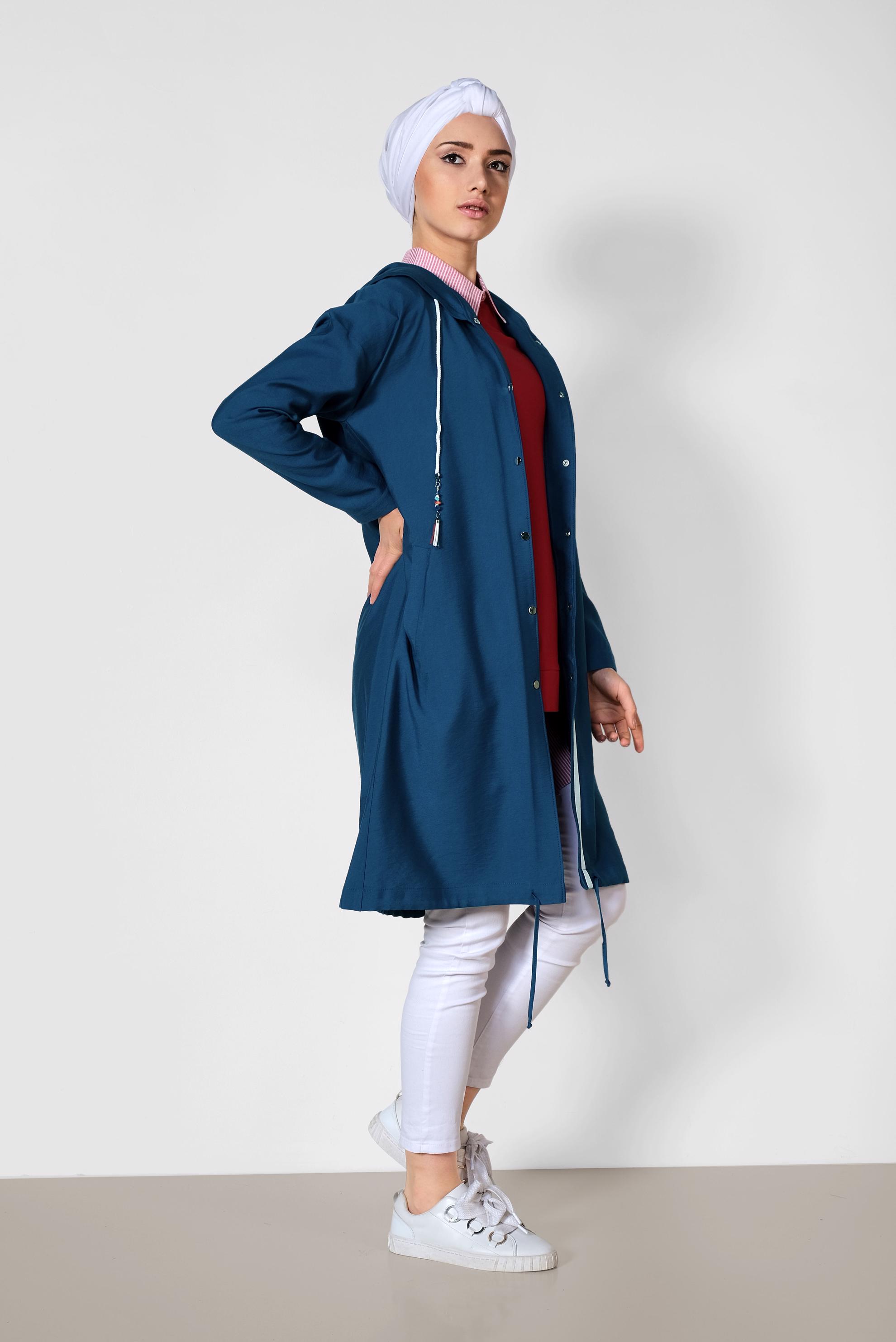 Tesettür giyim LACİVERT KAPÜŞONLU ÇITÇITLI SPOR TRENÇKOT 1440