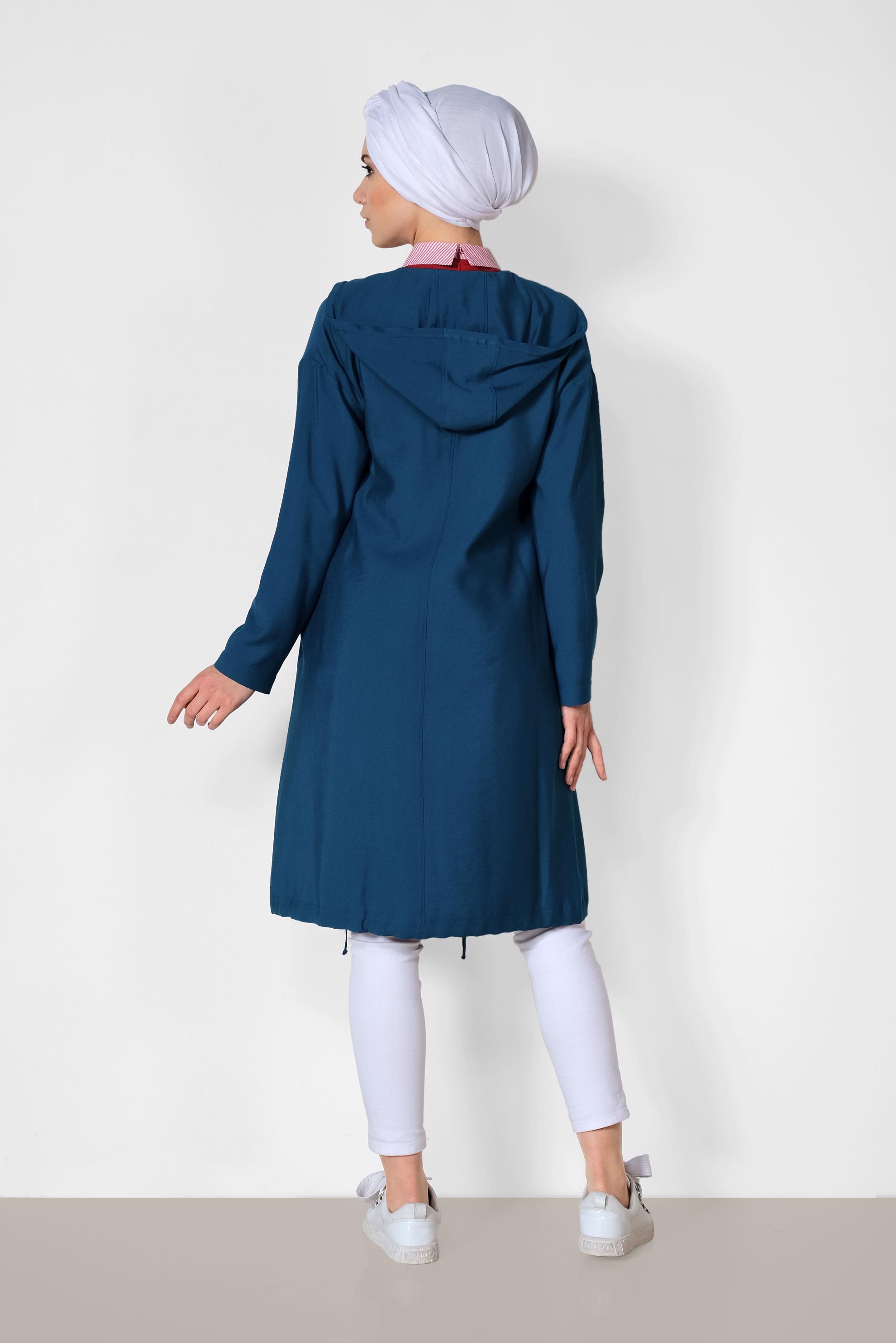 Tesettür giyim LACİVERT KAPÜŞONLU ÇITÇITLI SPOR TRENÇKOT 1440