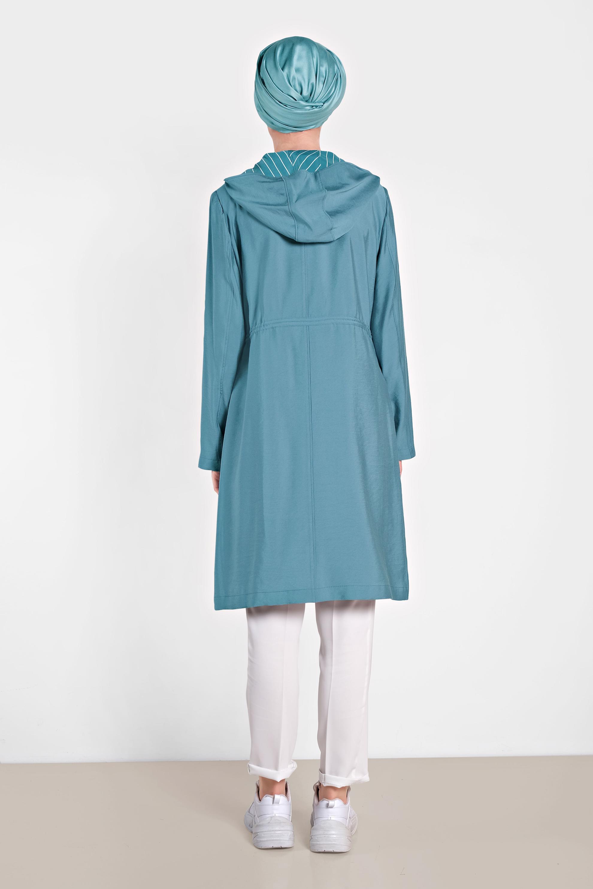 Tesettür giyim MAVİ BELİ BÜZGÜLÜ KAPÜŞONLU TRENÇKOT 1441