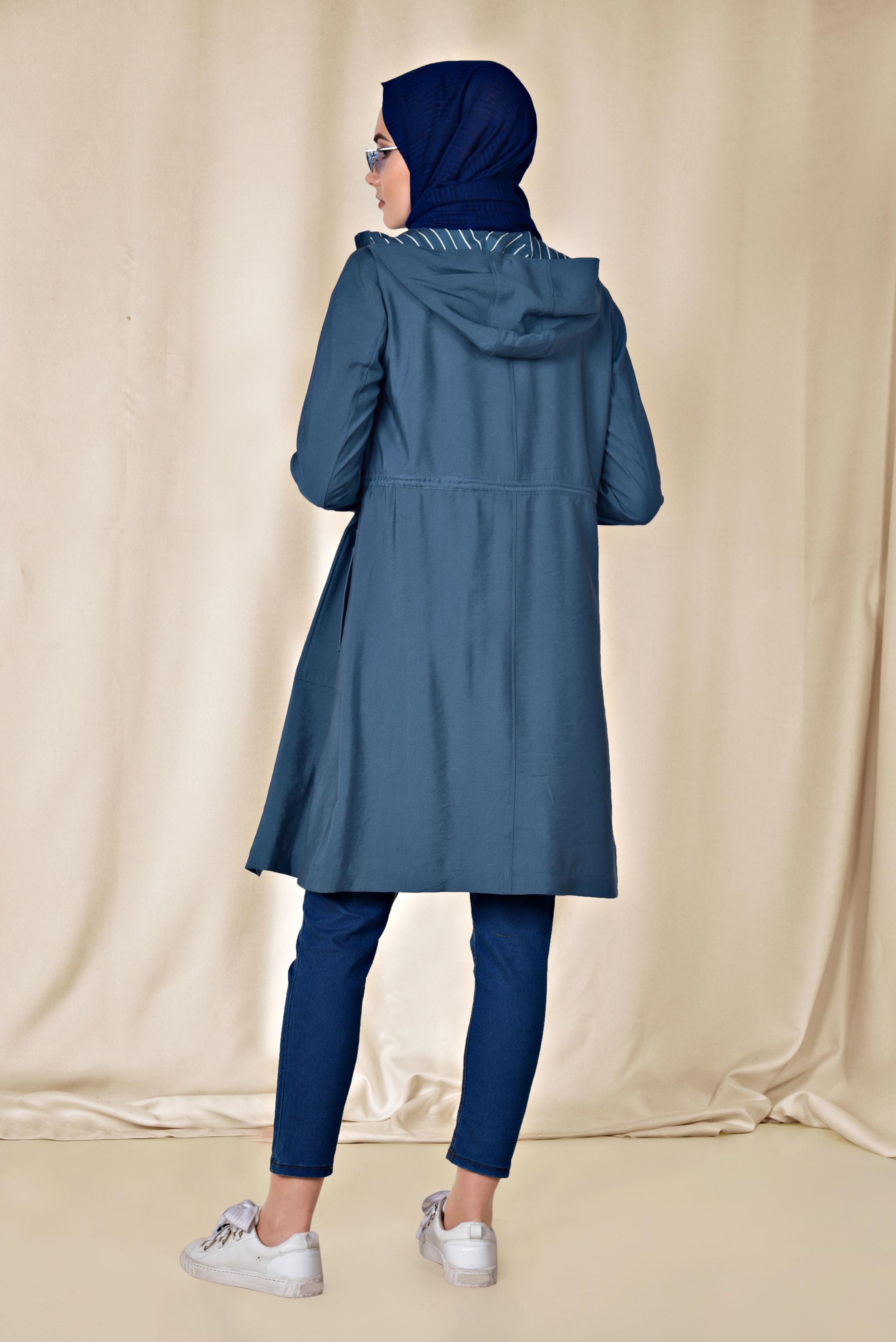 Tesettür giyim LACİVERT BELİ BÜZGÜLÜ KAPÜŞONLU TRENÇKOT 1441
