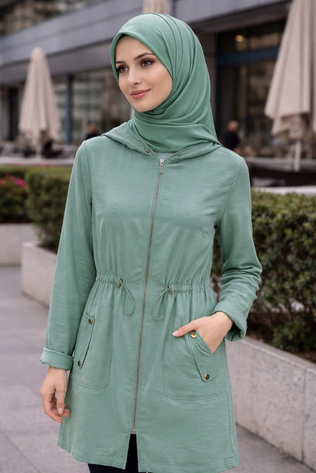 Vêtements hijab BLEU IMPERMÉABLE TAILLE À SMOCKS AVEC CAPUCHE 1441