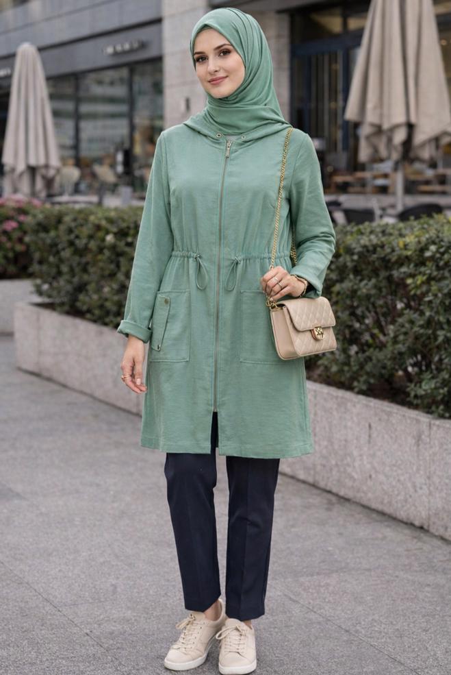 Vêtements hijab BLEU IMPERMÉABLE TAILLE À SMOCKS AVEC CAPUCHE 1441 - ALVİNA