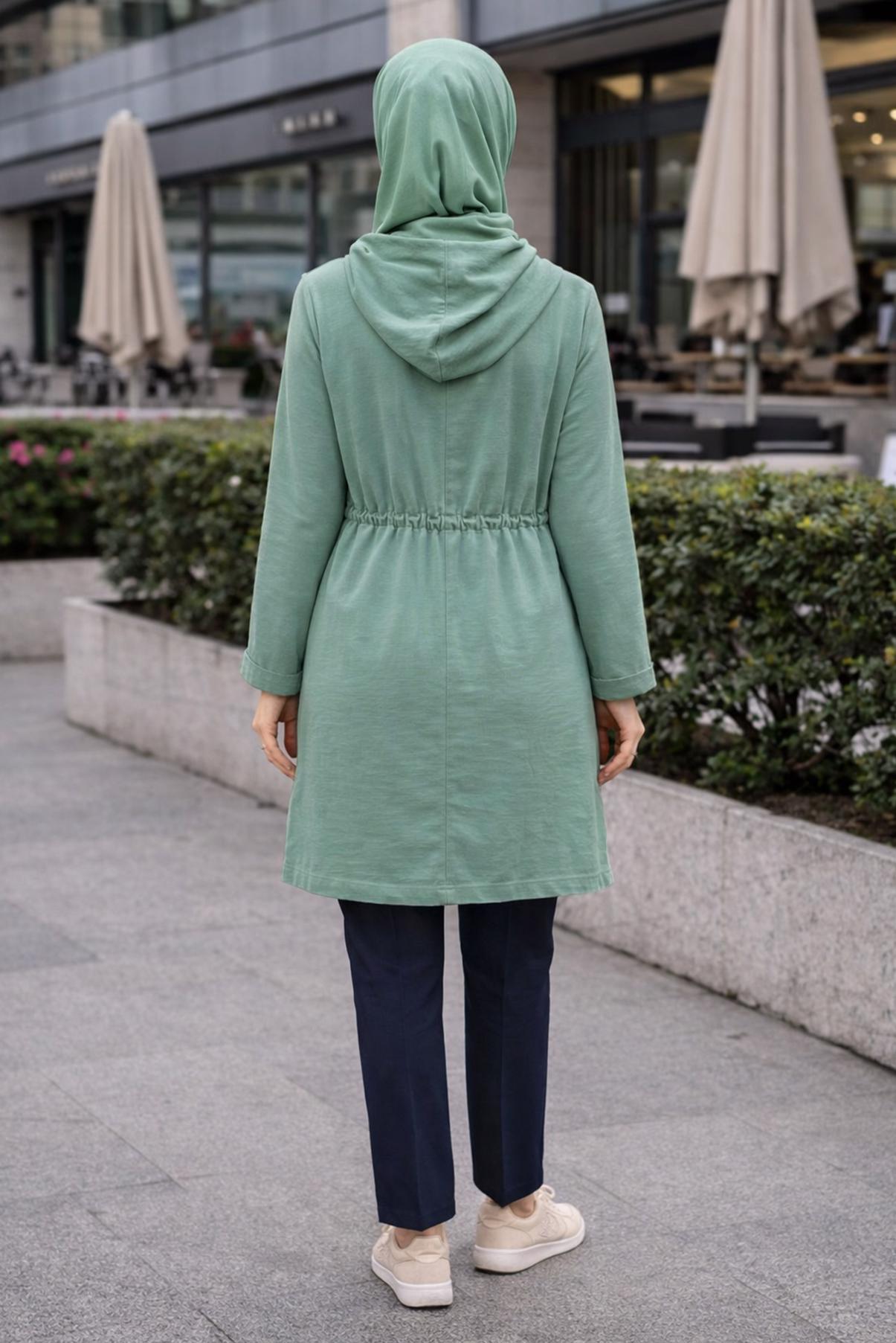 Vêtements hijab BLEU IMPERMÉABLE TAILLE À SMOCKS AVEC CAPUCHE 1441