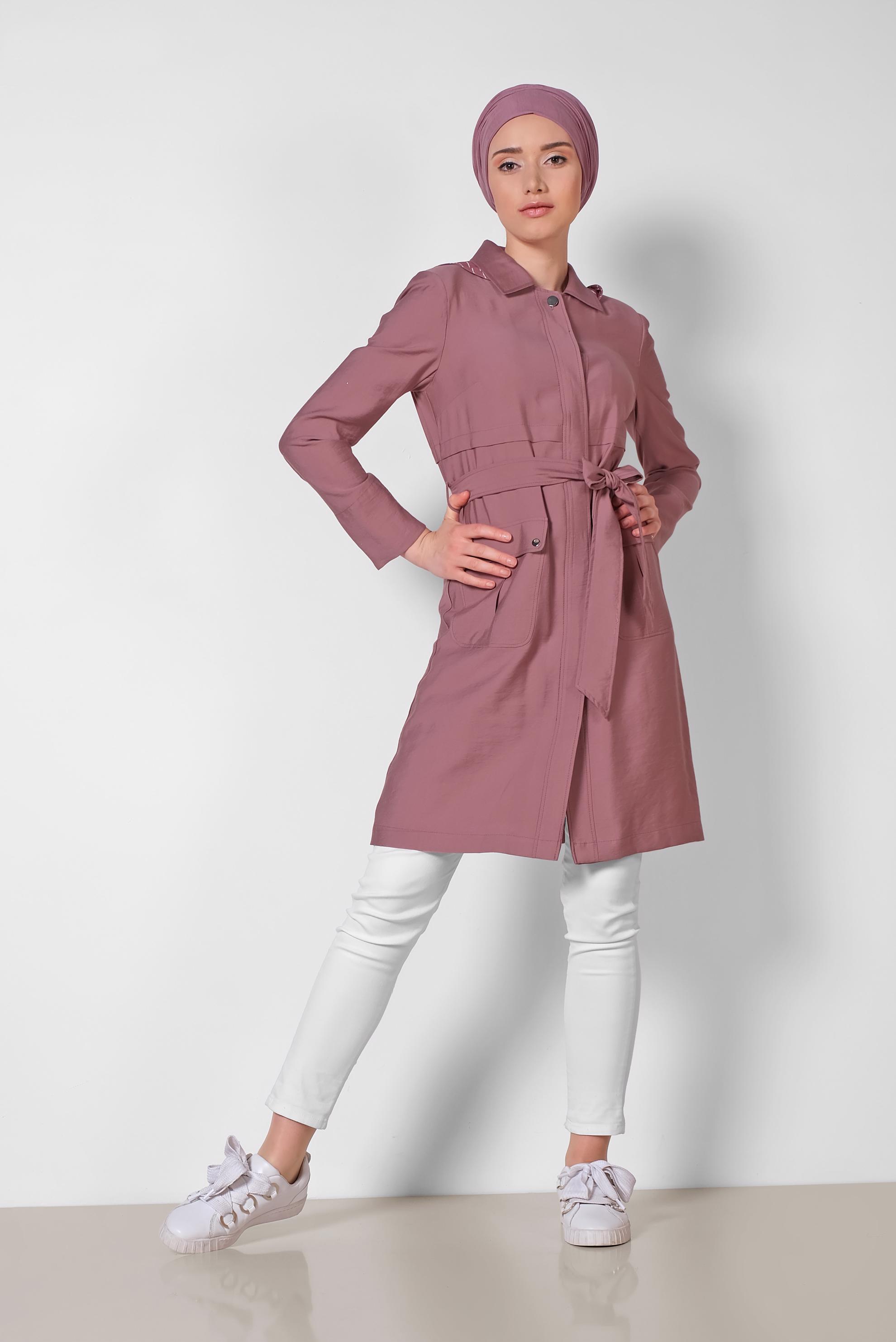 Tesettür giyim PEMBE ÖNDEN DÜĞMELİ İKİ YANI CEPLİ TRENÇKOT 1442 