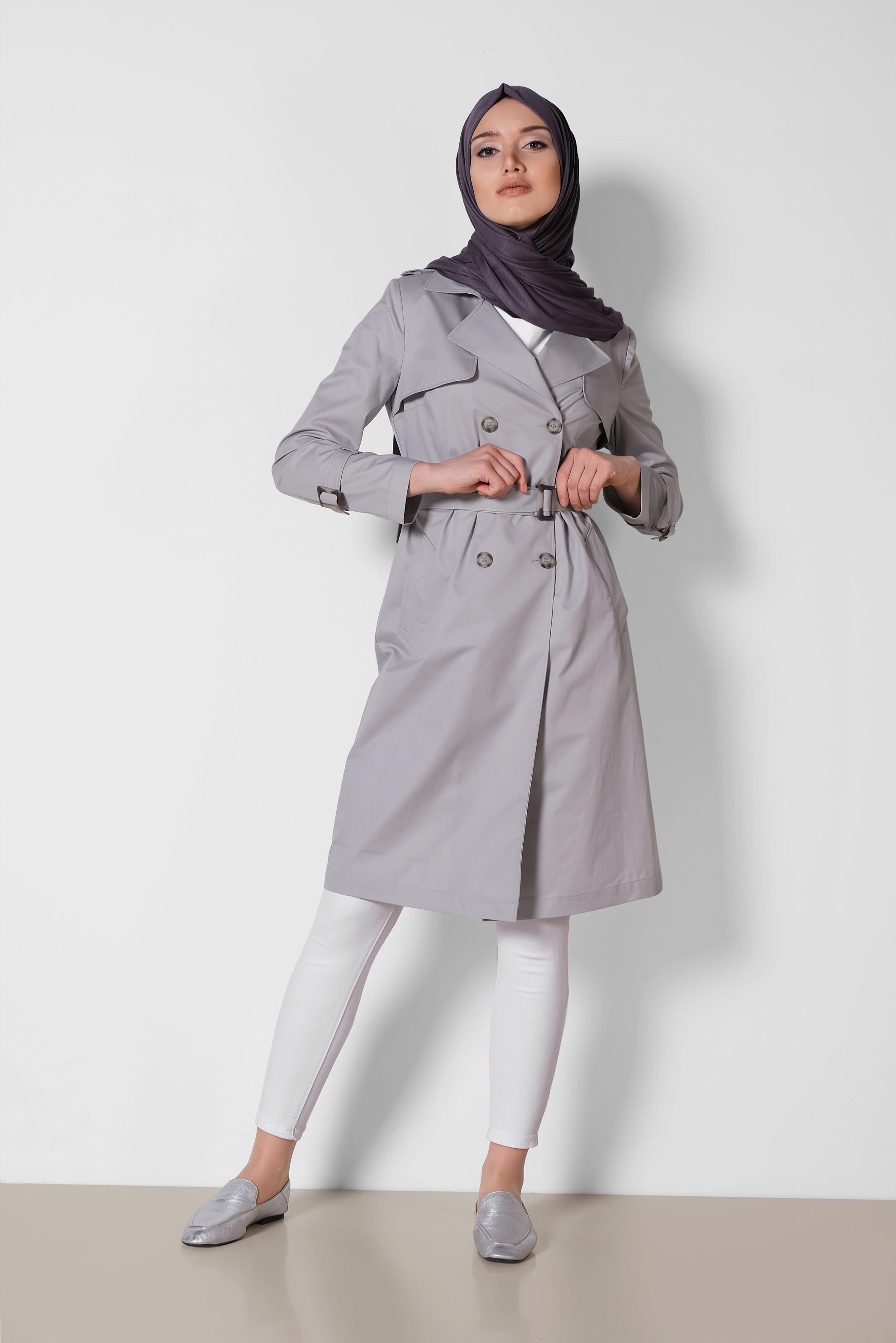 Tesettür giyim GRİ KRUVAZE KEMERLİ TRENÇKOT 1443