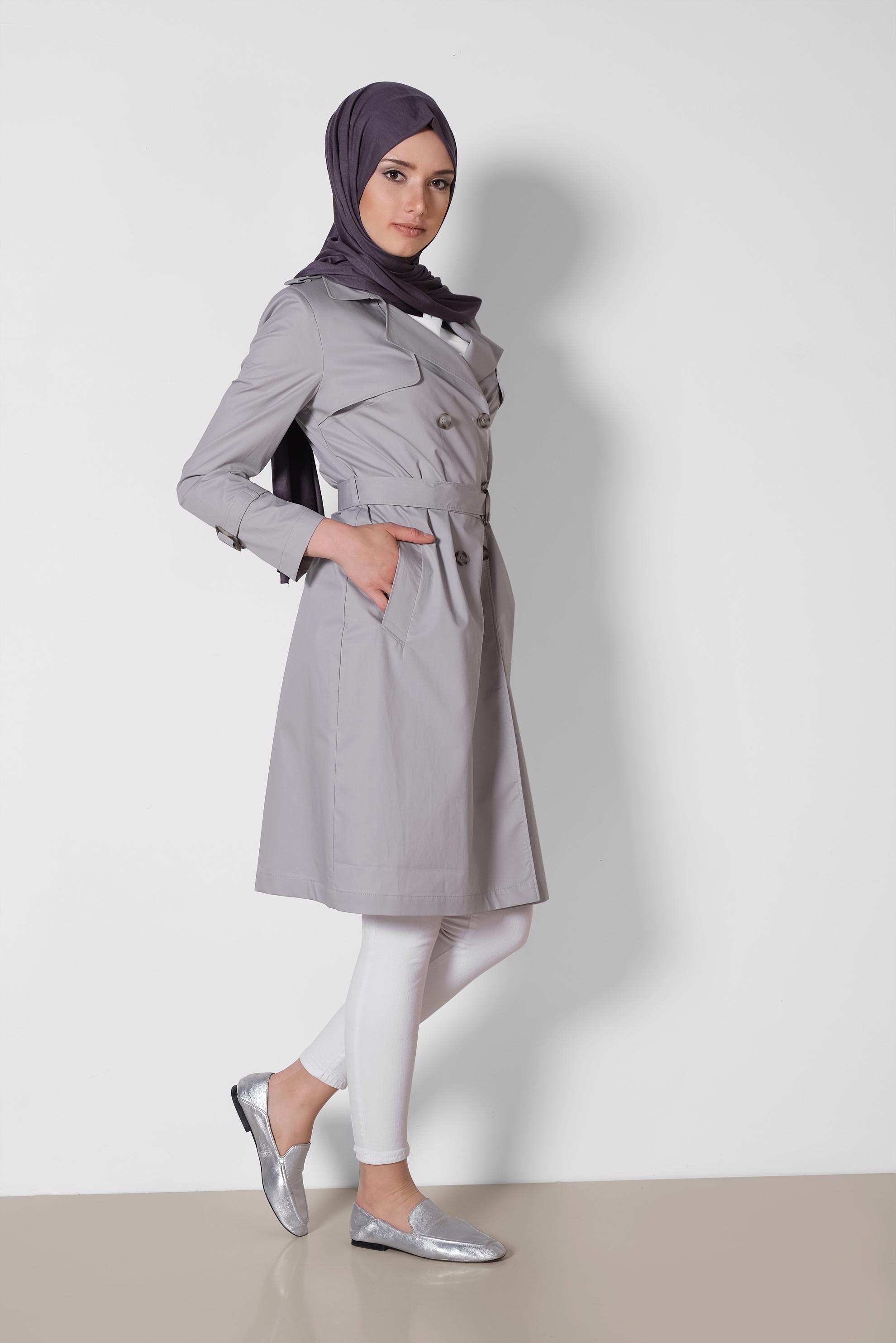 Tesettür giyim GRİ KRUVAZE KEMERLİ TRENÇKOT 1443