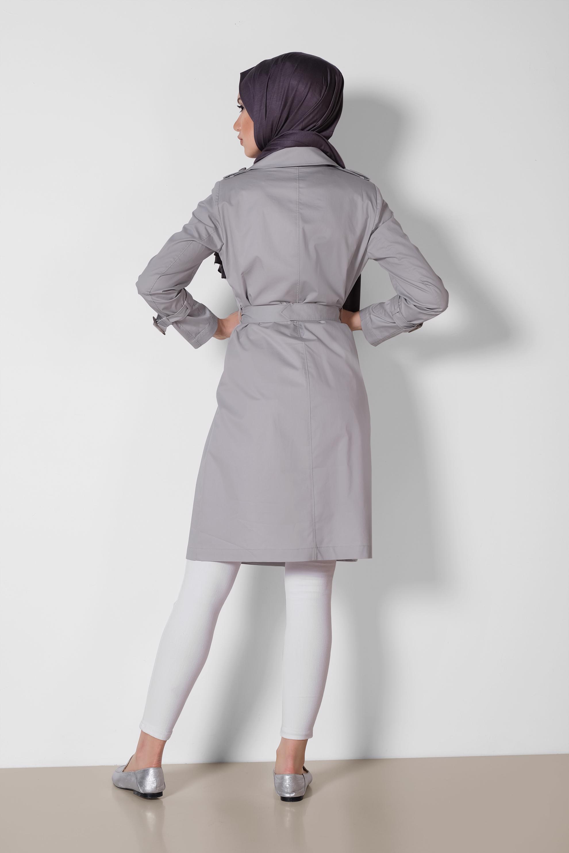 Tesettür giyim GRİ KRUVAZE KEMERLİ TRENÇKOT 1443