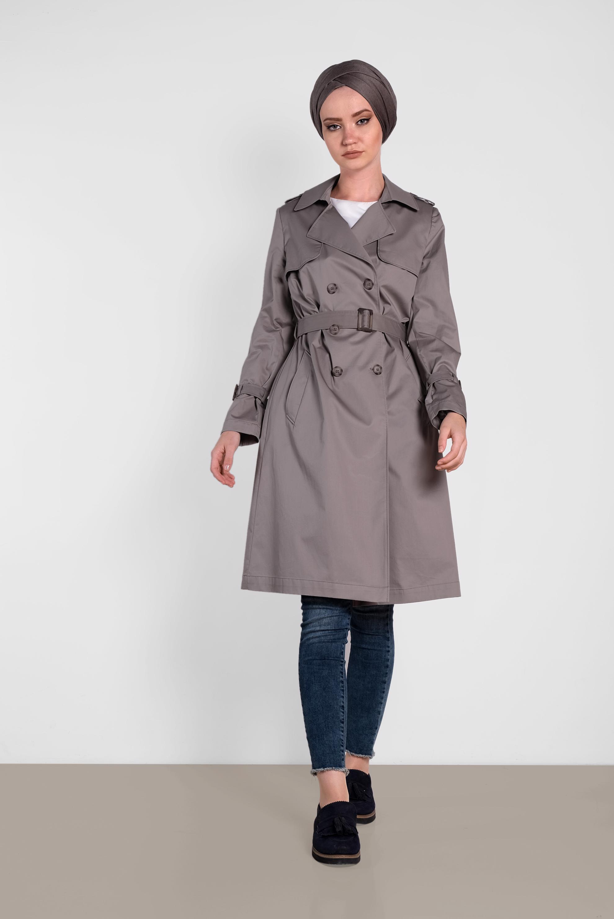 Tesettür giyim VİZON KRUVAZE KEMERLİ TRENÇKOT 1443