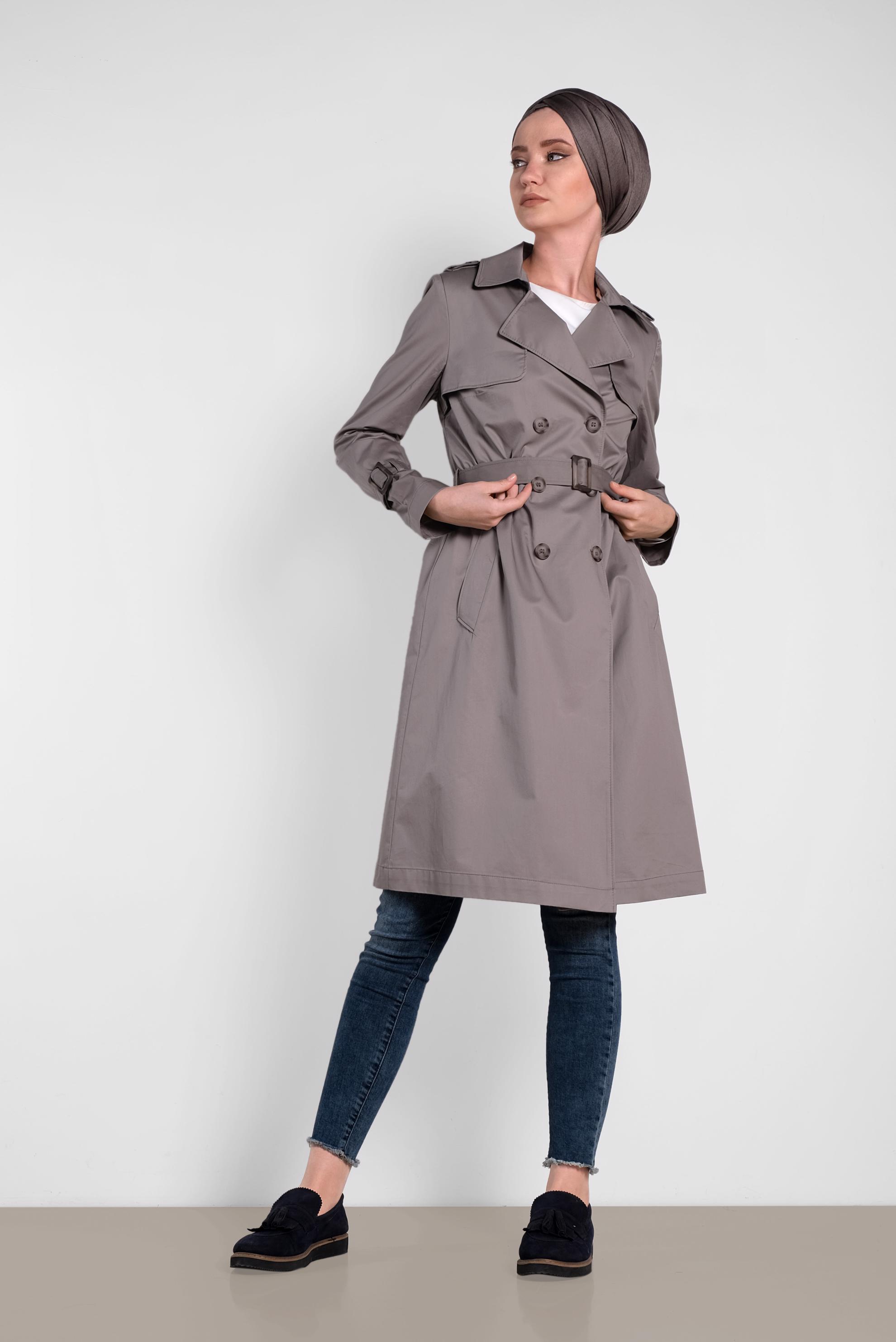 Tesettür giyim VİZON KRUVAZE KEMERLİ TRENÇKOT 1443