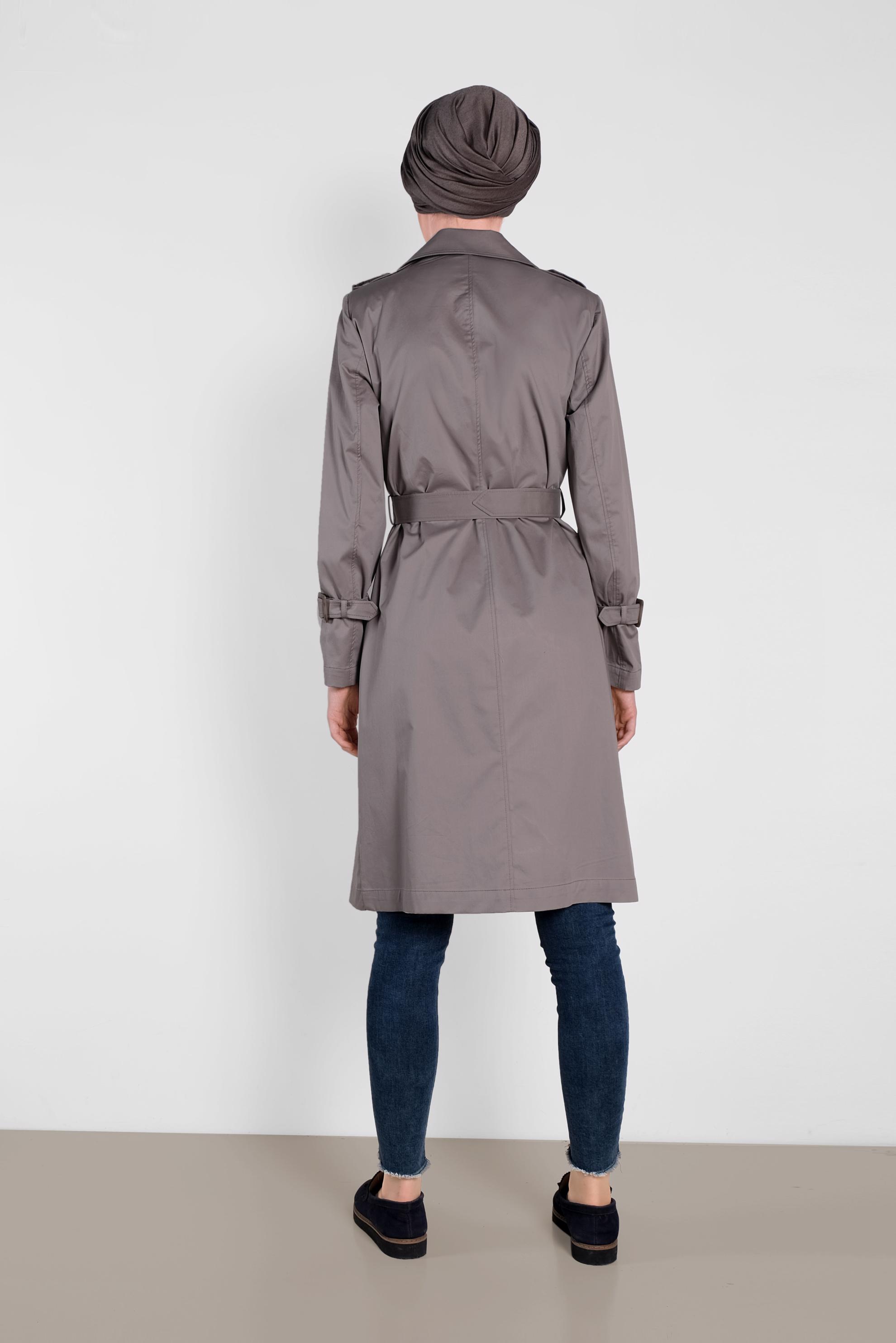 Tesettür giyim VİZON KRUVAZE KEMERLİ TRENÇKOT 1443