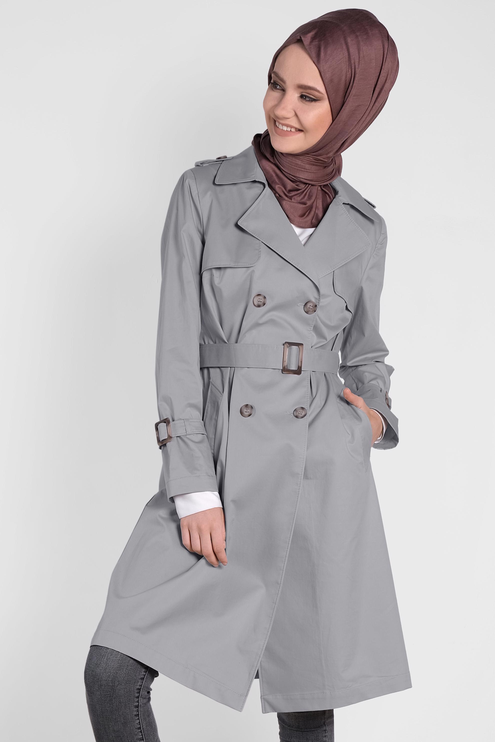 Tesettür giyim BEJ KRUVAZE KEMERLİ TRENÇKOT 1443