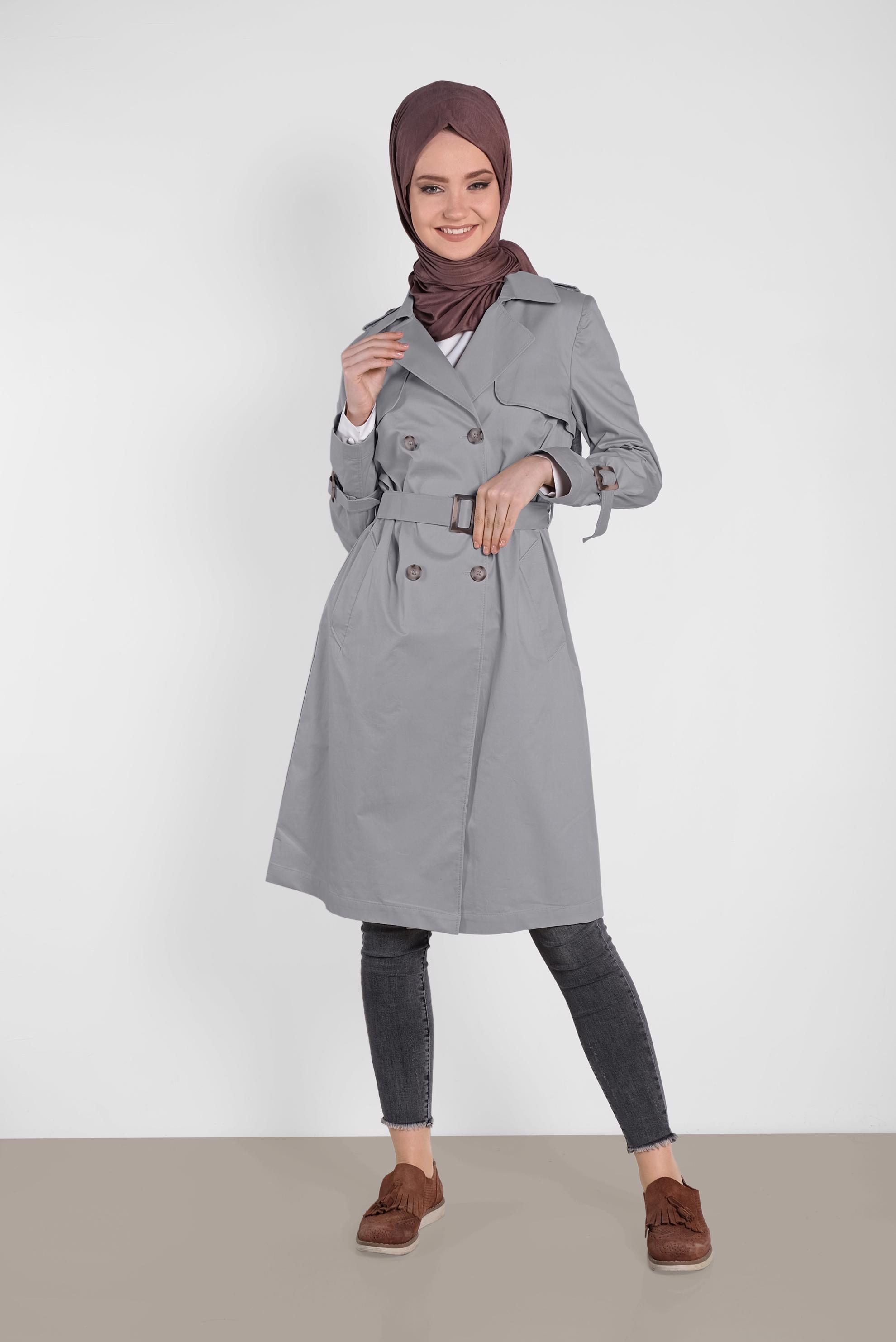 Tesettür giyim BEJ KRUVAZE KEMERLİ TRENÇKOT 1443
