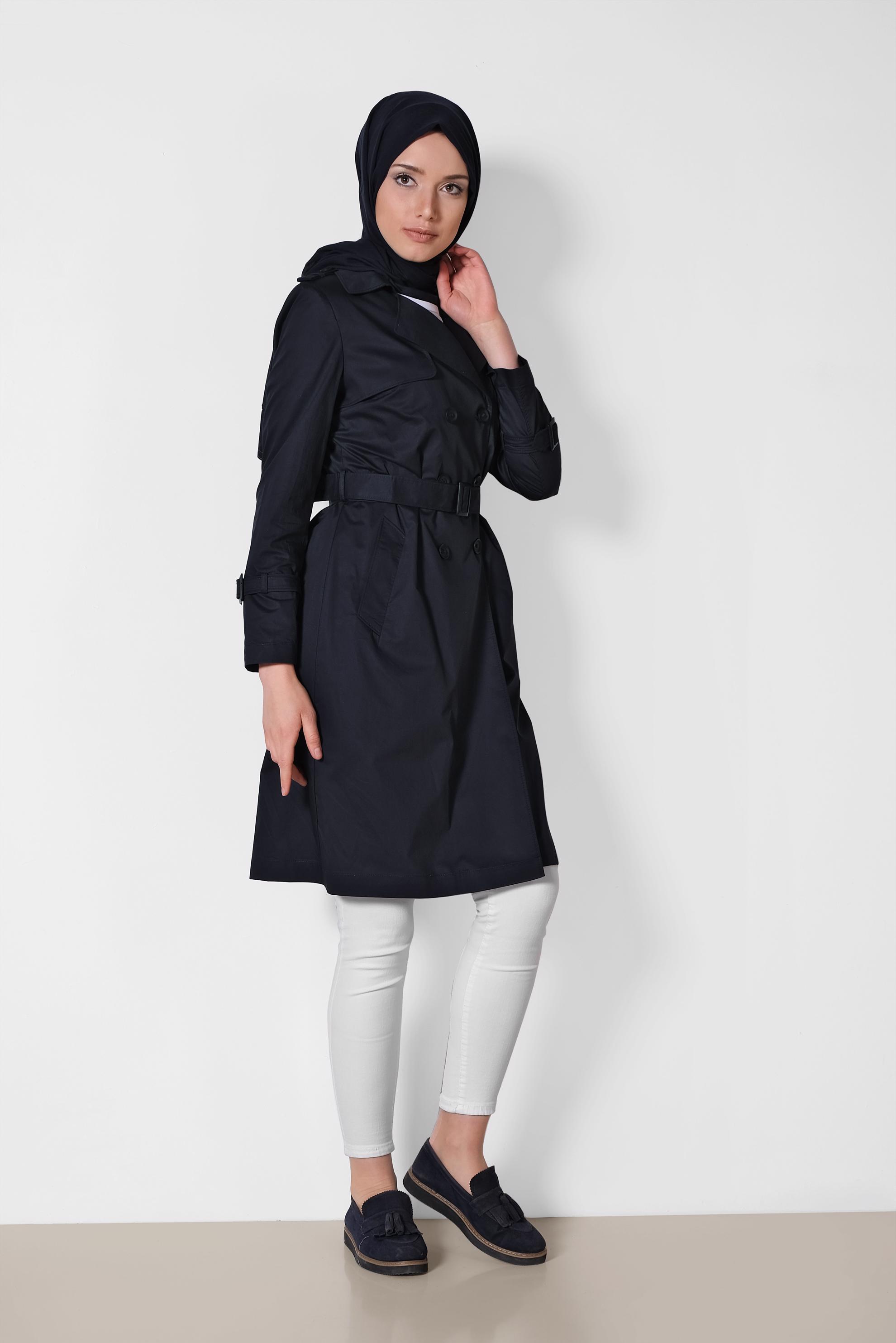 Tesettür giyim LACİVERT KRUVAZE KEMERLİ TRENÇKOT 1443